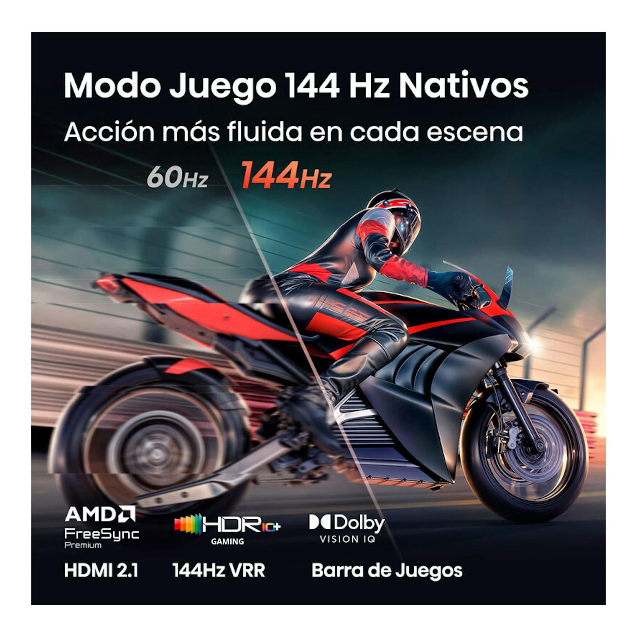 Imagen promocional de Hisense 55E8S: moto en dos mitades con comparación 60 Hz y 144 Hz, y logos HDMI 2.1 y Dolby Vision IQ.