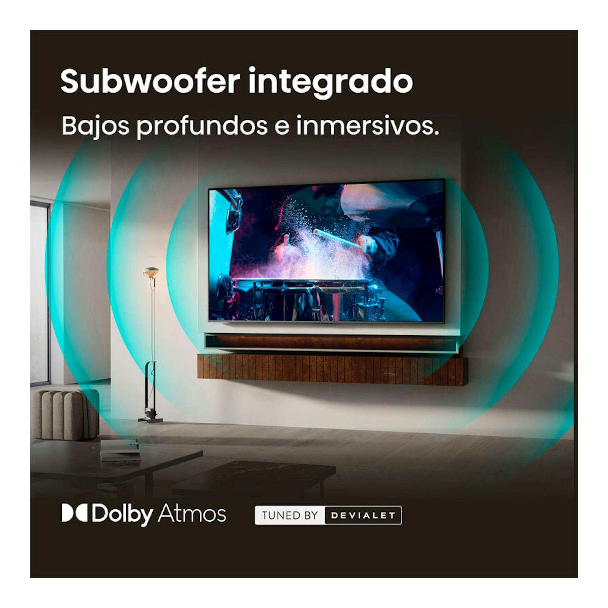 TV Hisense 55E8S MiniLED 4K de 55", vista frontal montada en pared, con texto sobre subwoofer integrado.