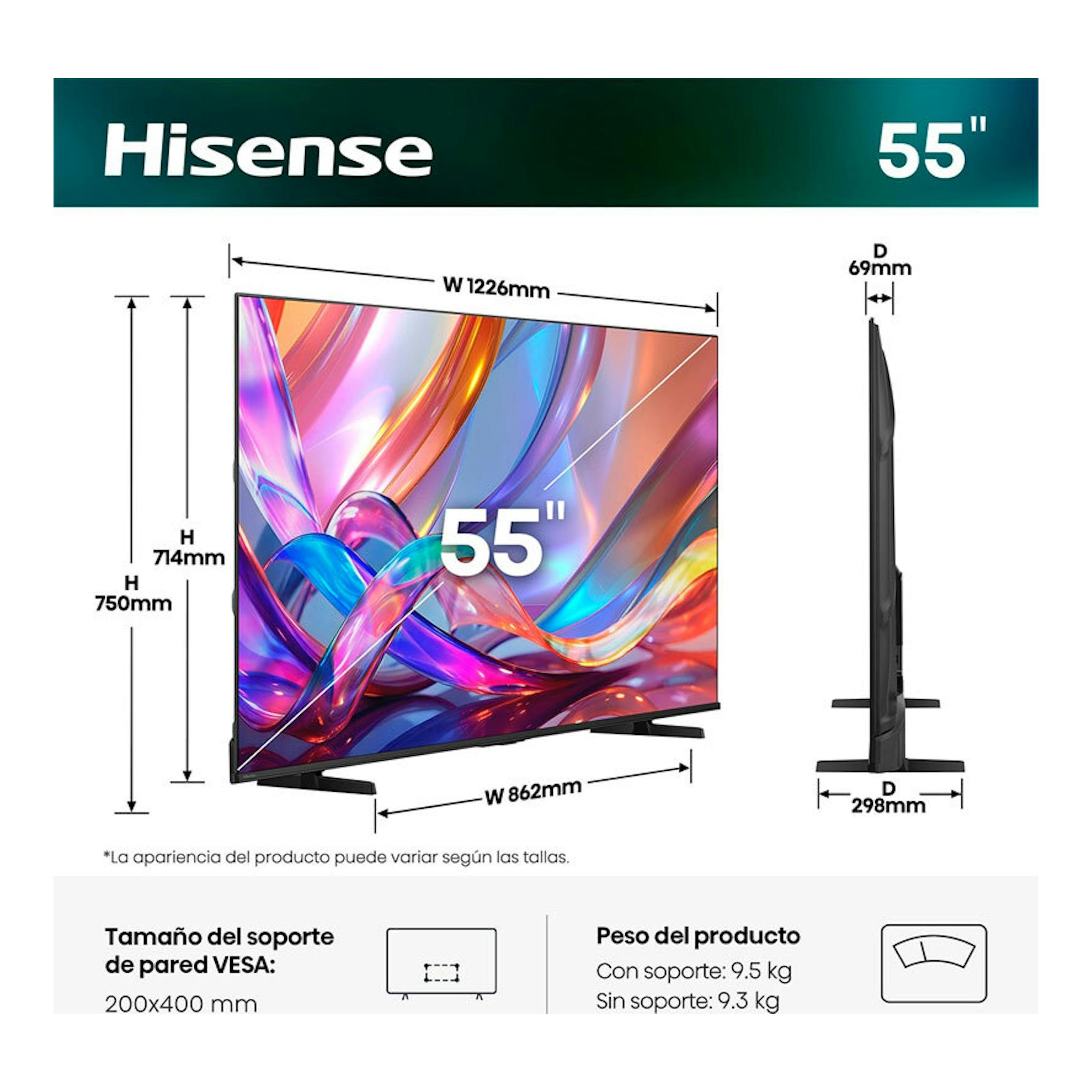 Hisense 55Q7S TV QLED 55” en vista frontal y lateral, con medidas y soporte negro.