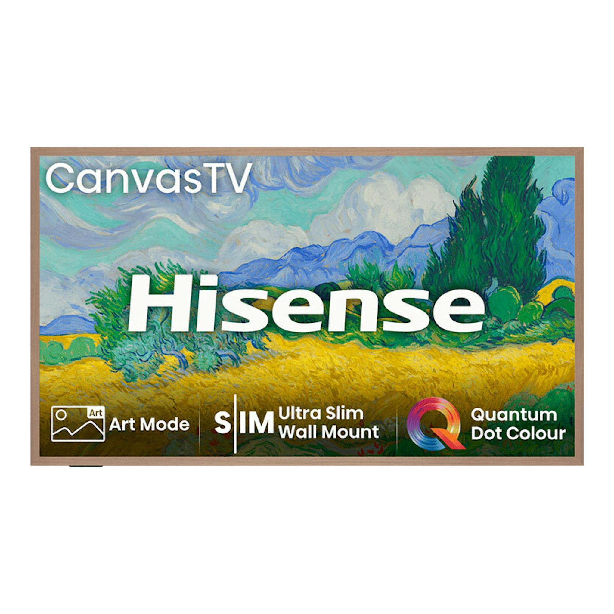 TV Hisense CanvasTV 55S7NQ, vista frontal, marco color madera, pantalla con paisaje estilo pintura.