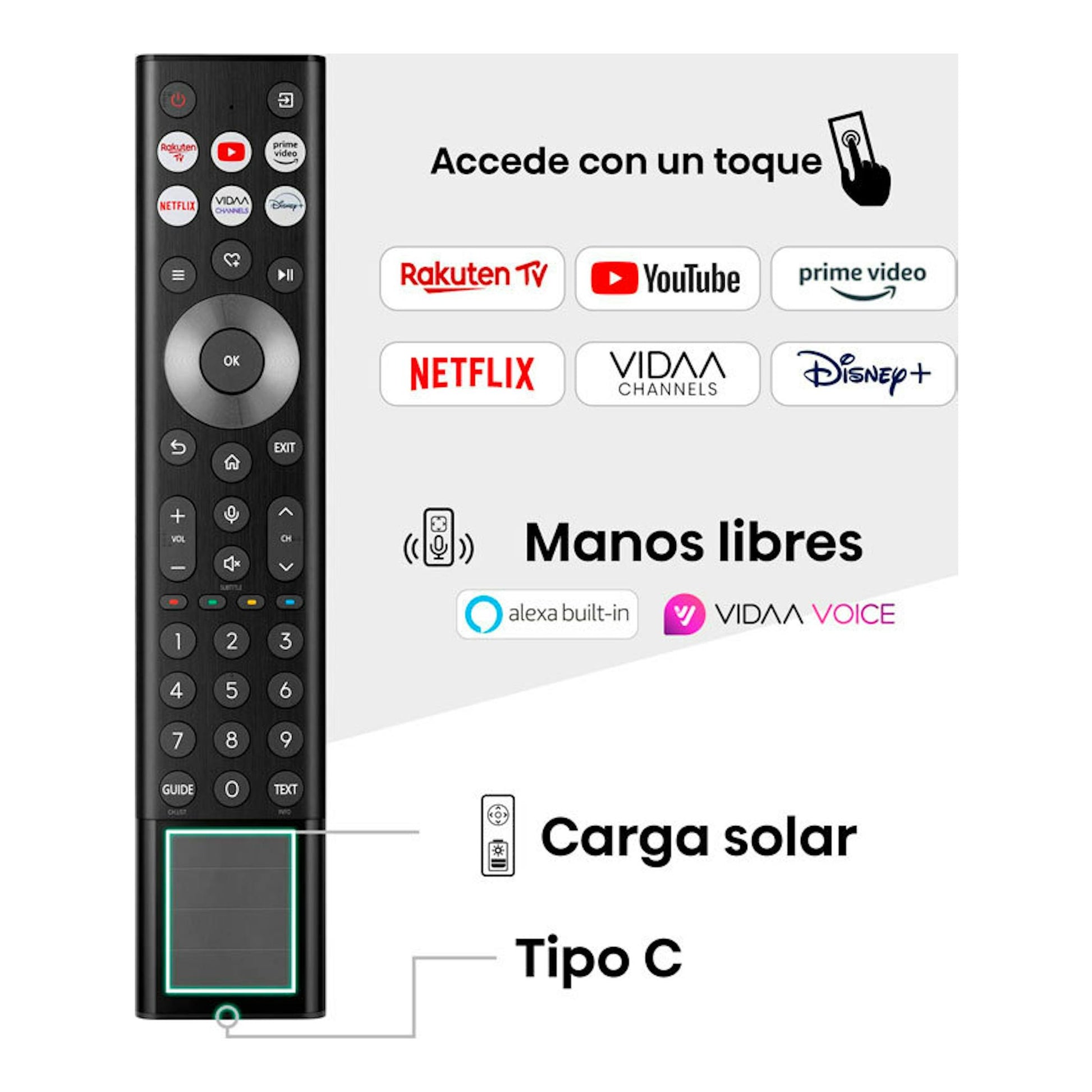 Mando a distancia negro para TV Hisense, con botones de streaming, voz, carga solar y tipo C.