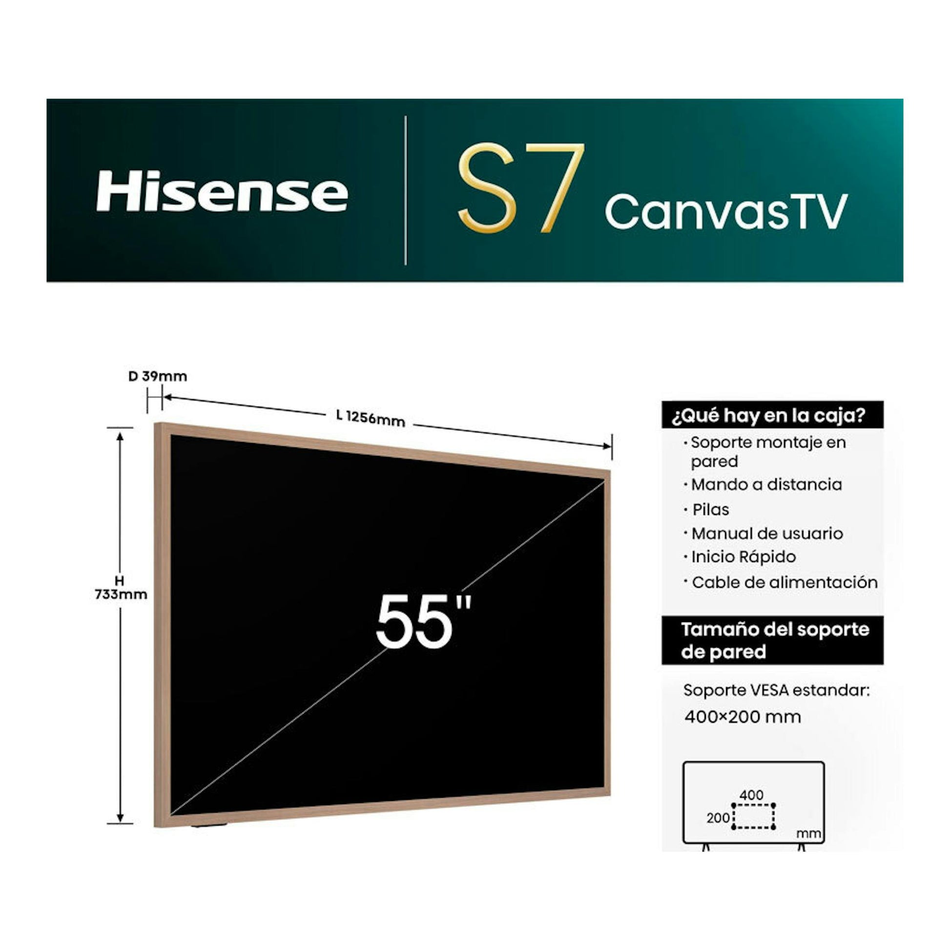 Hisense S7 CanvasTV de 55", televisor con vista frontal inclinada, marco beige y medidas VESA 400x200 mm.