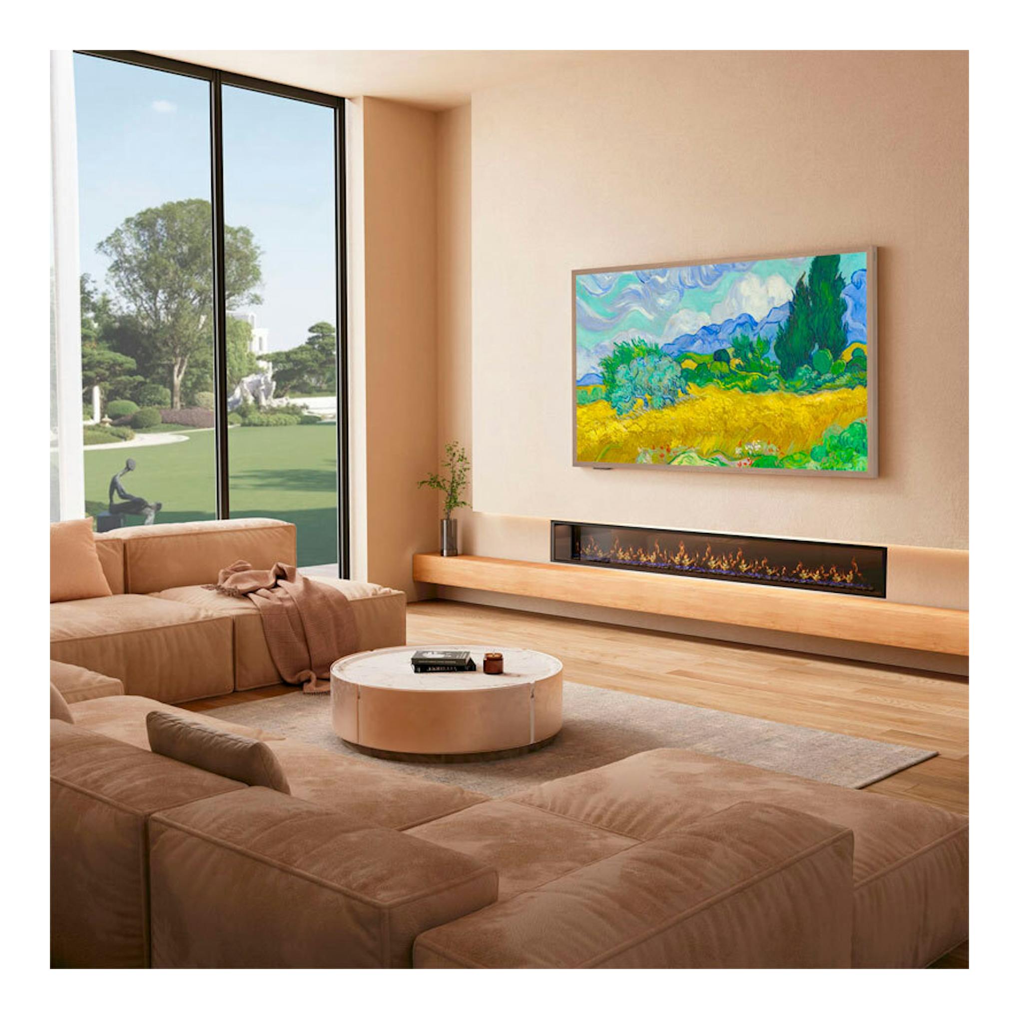 TV Hisense 55S7NQ QLED 4K de 55", vista frontal en salón, colgada en pared con paisaje colorido en pantalla.