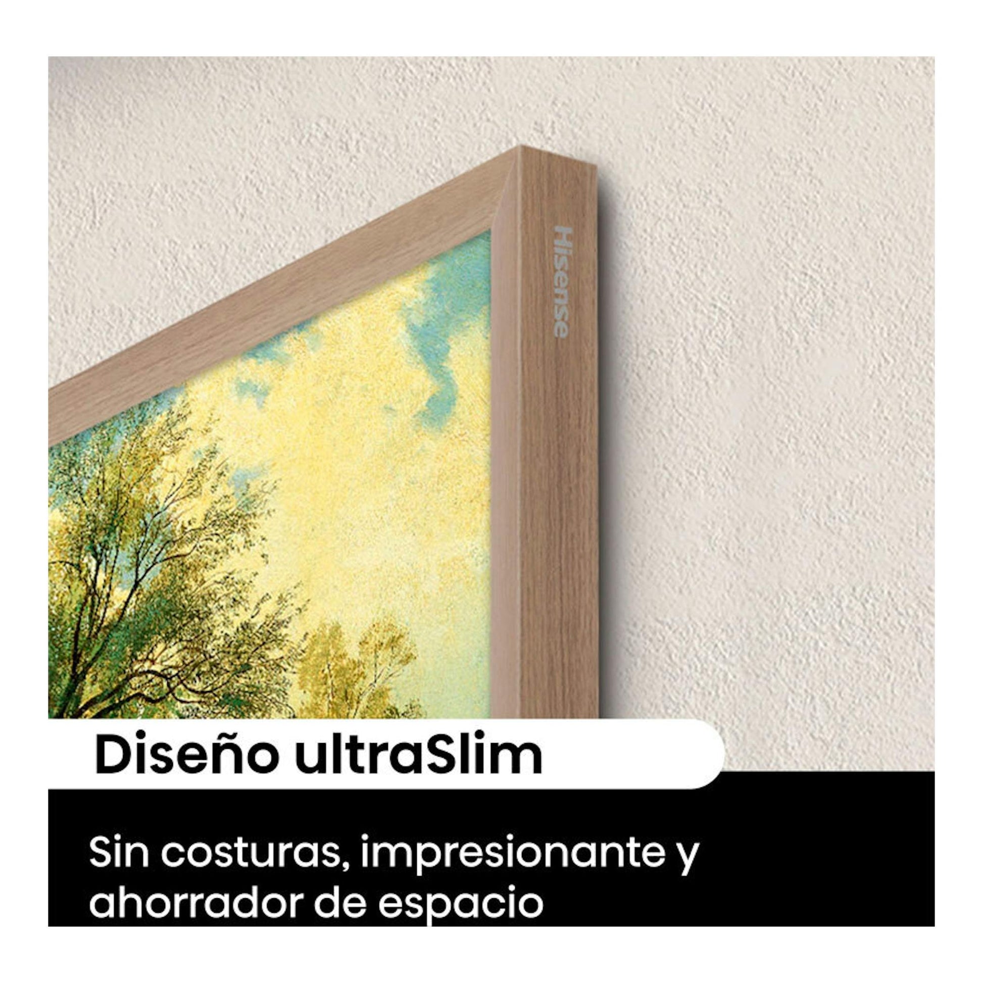 Televisor Hisense 55S7NQ, vista lateral, con marco efecto madera y pantalla parcialmente visible.