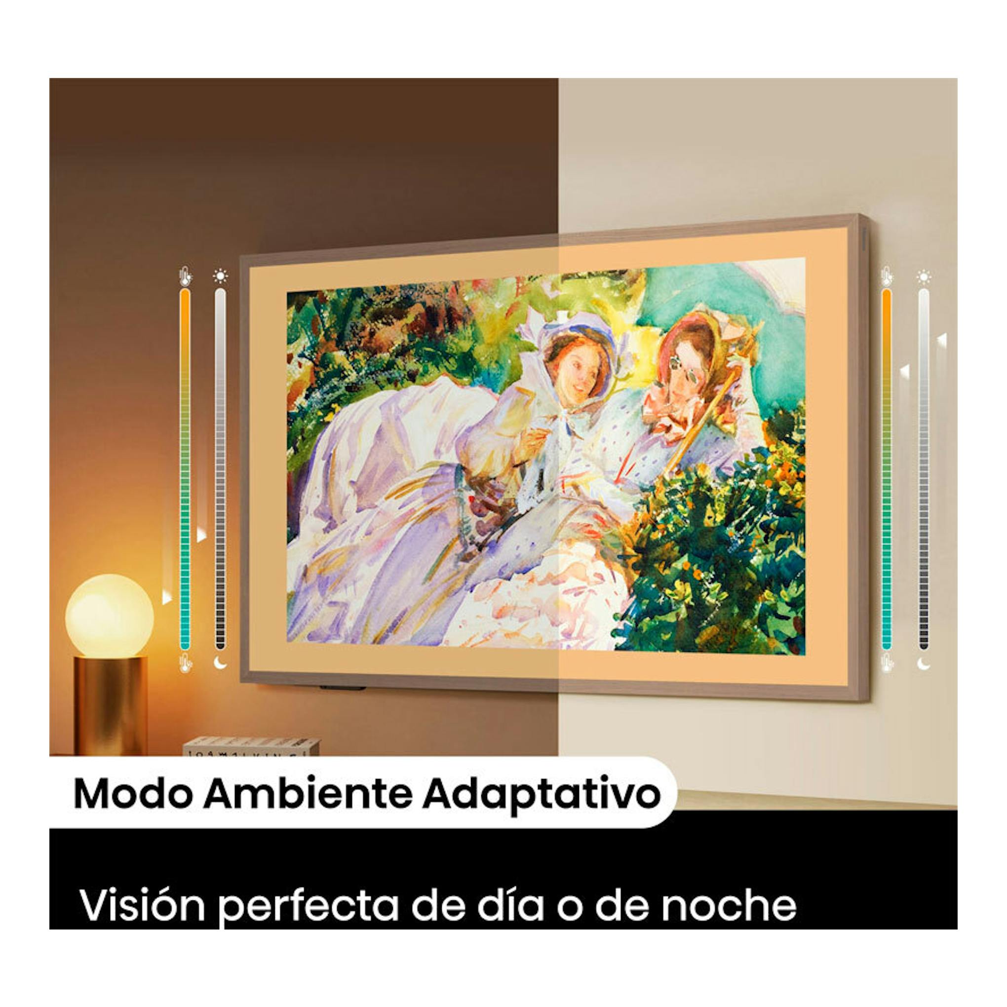 Televisor Hisense 55S7NQ QLED 4K de 55”, montado en pared, con marco beige y arte colorido en pantalla.