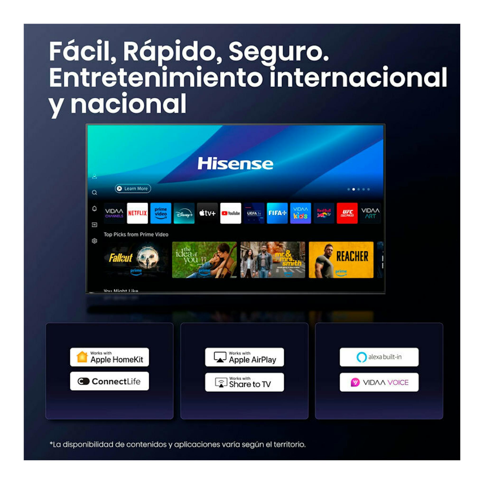Televisor Hisense 65A6Q LED 4K de 65 pulgadas, vista frontal sobre fondo oscuro con interfaz de streaming.
