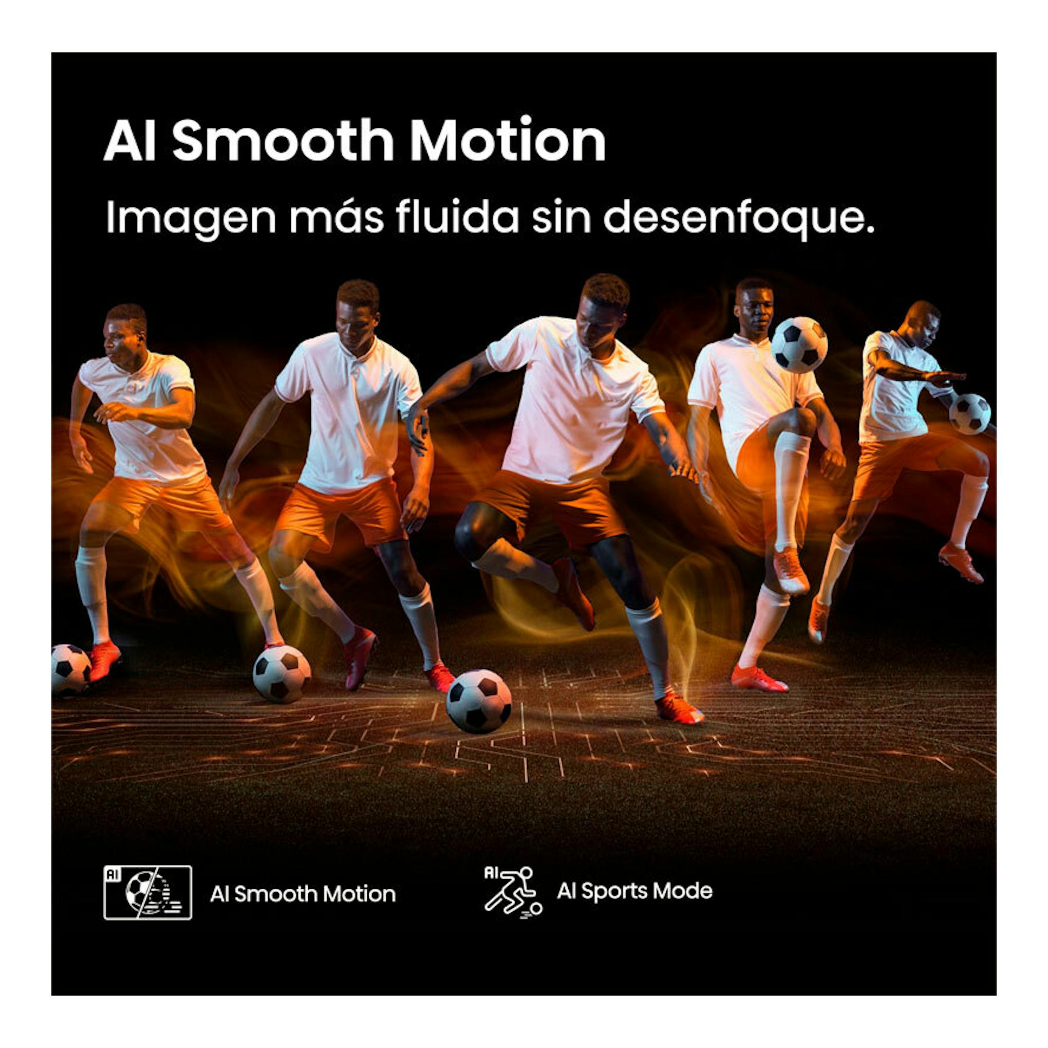 Gráfico promocional con futbolistas en movimiento sobre fondo negro y texto “AI Smooth Motion”.