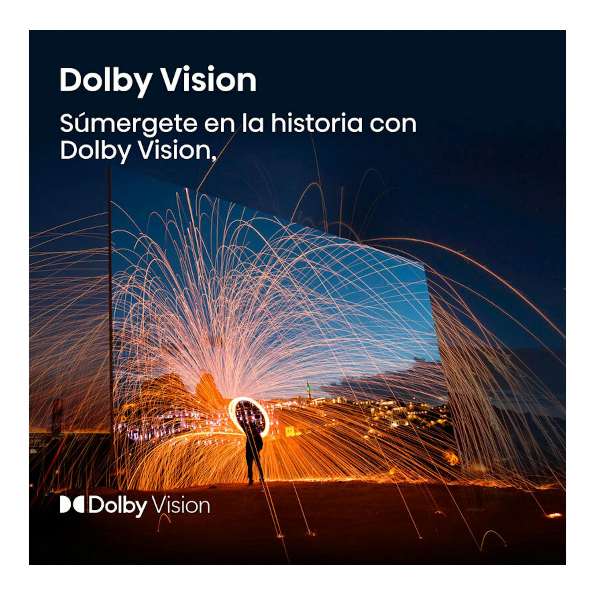Anuncio de Dolby Vision en un televisor, con escena nocturna y trazos de luz naranja.