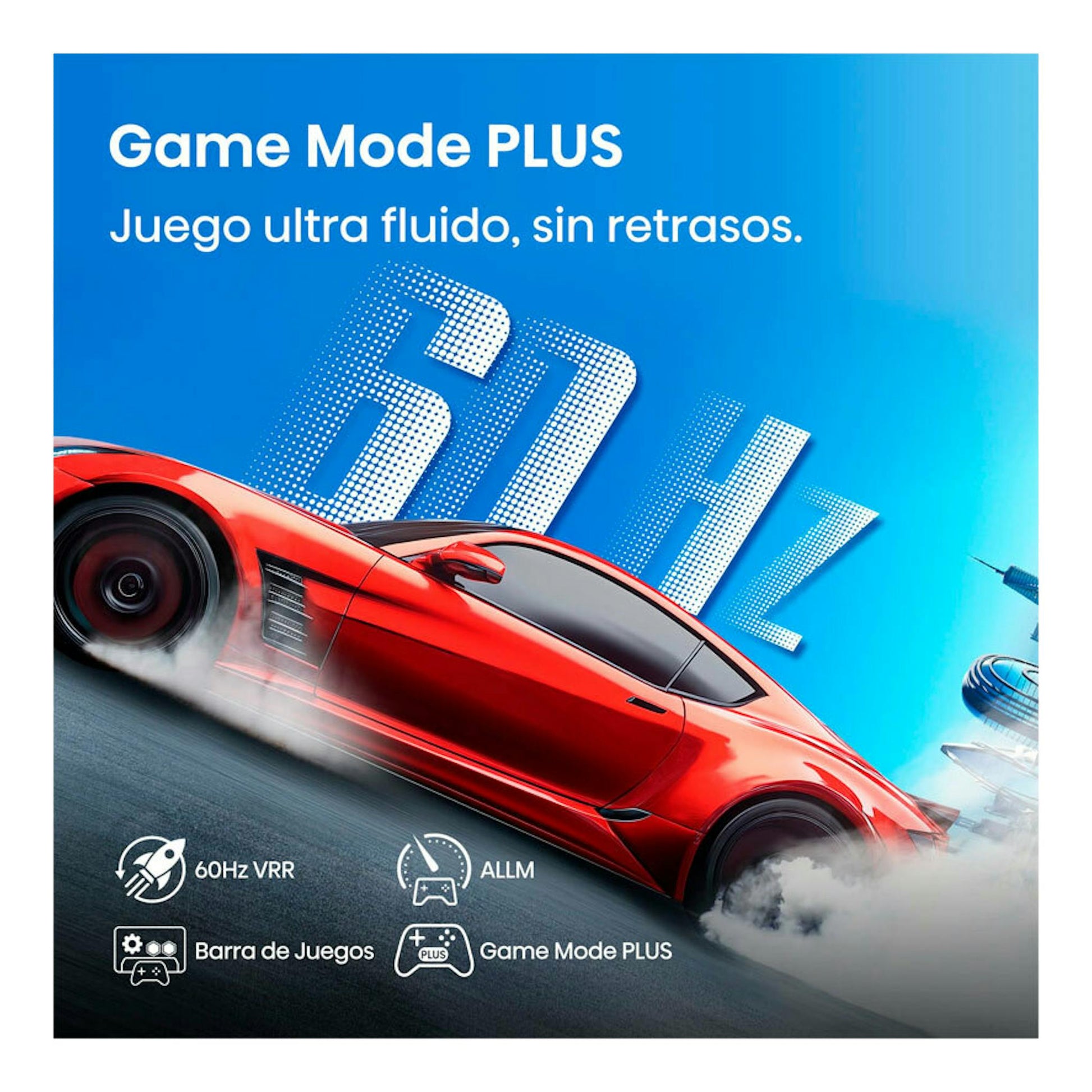 Gráfico promocional de Hisense 65A6Q con coche rojo y texto “Game Mode PLUS”, “60Hz VRR” y “ALLM”.