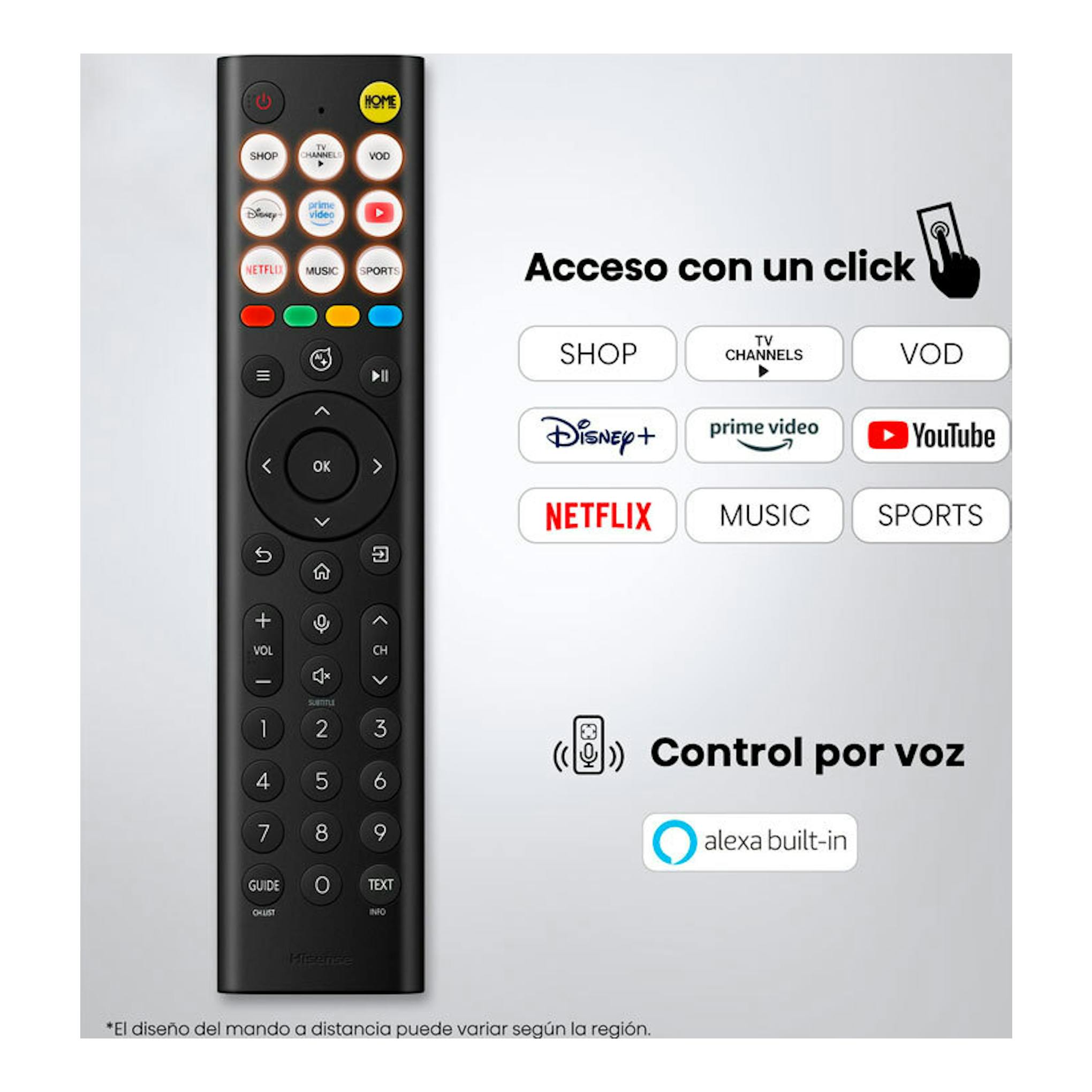 Mando a distancia negro de Hisense, vista frontal, con botones de acceso rápido, control por voz y Alexa integrada.