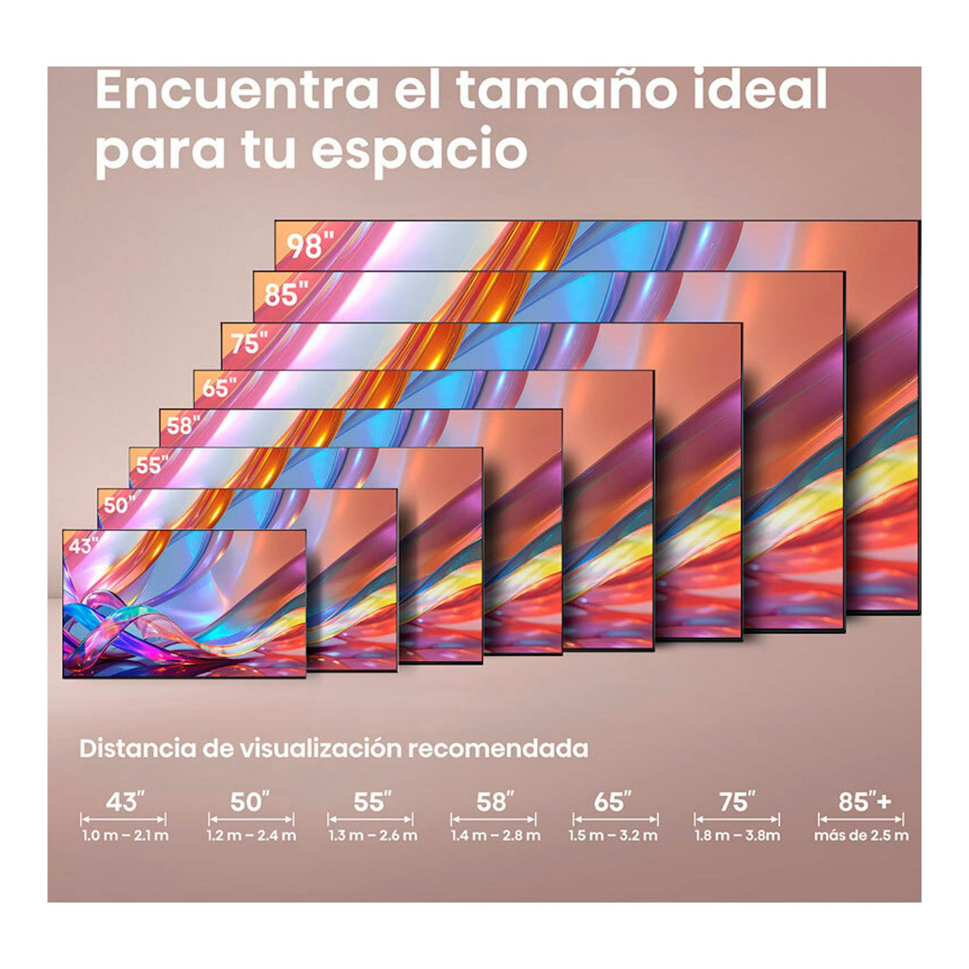 Infografía de Hisense 65Q7S: tamaños de TV de 43" a 98" y distancias de visualización recomendadas.