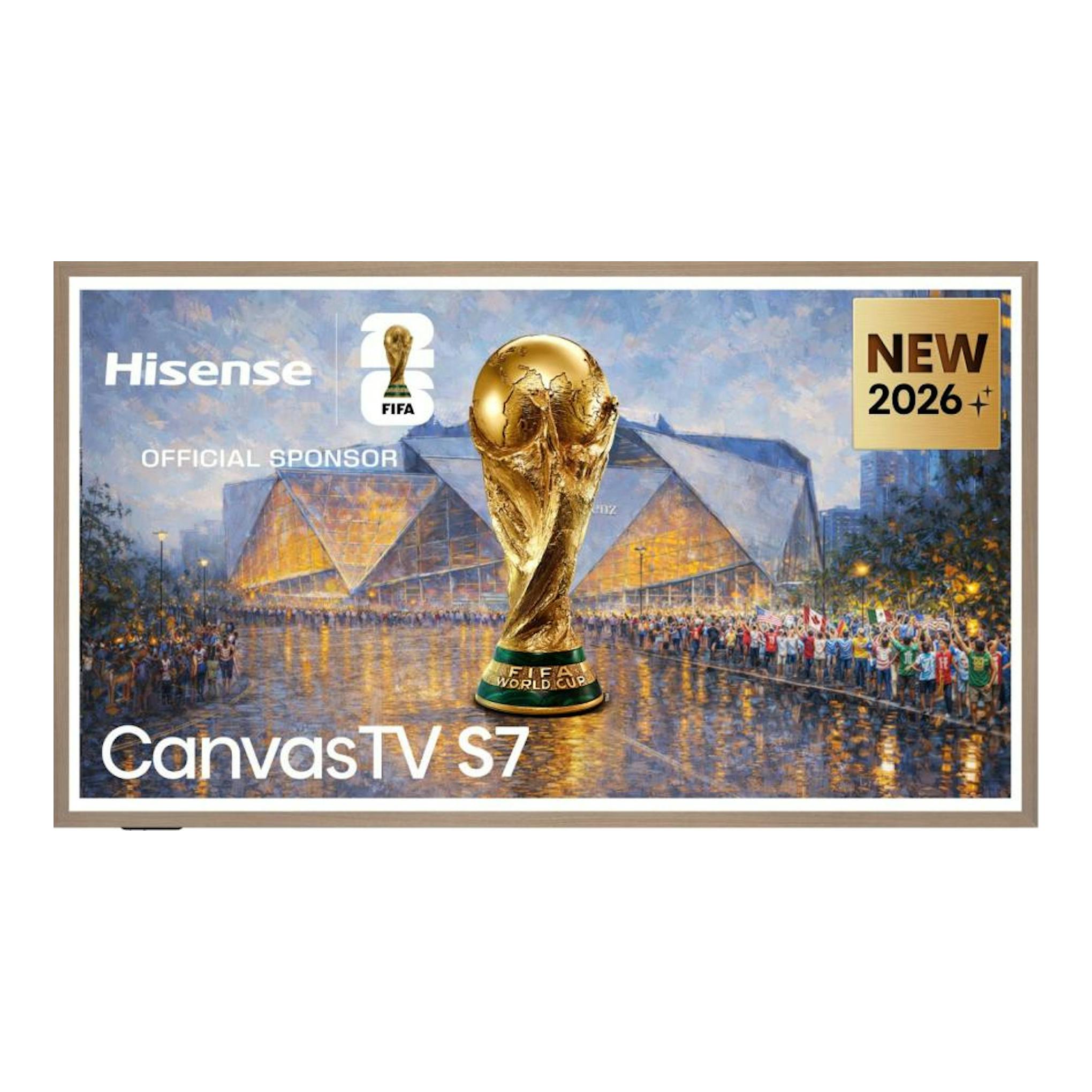 Televisor Hisense CanvasTV S7, vista frontal, con trofeo FIFA y sello NEW 2026.