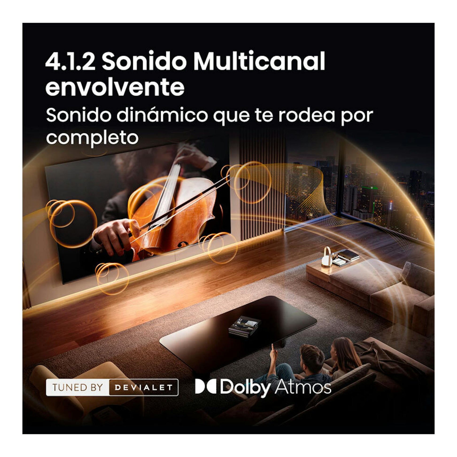 Hisense 65UR9S: TV negra montada en pared en un salón, con imagen de violonchelista y texto sobre sonido 4.1.2.