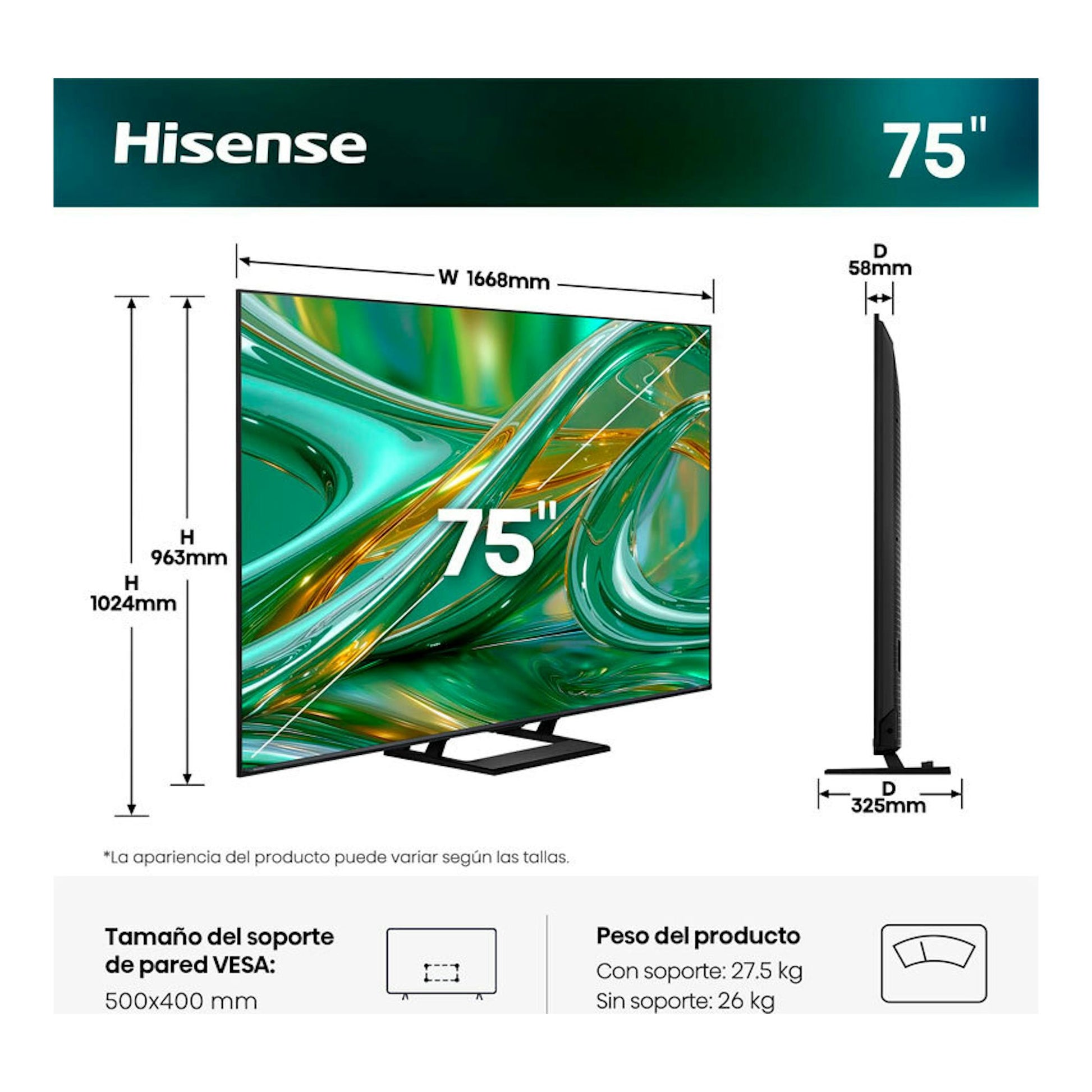 Hisense 75E8S TV de 75", vista frontal y lateral, con medidas, soporte y VESA 500x400.