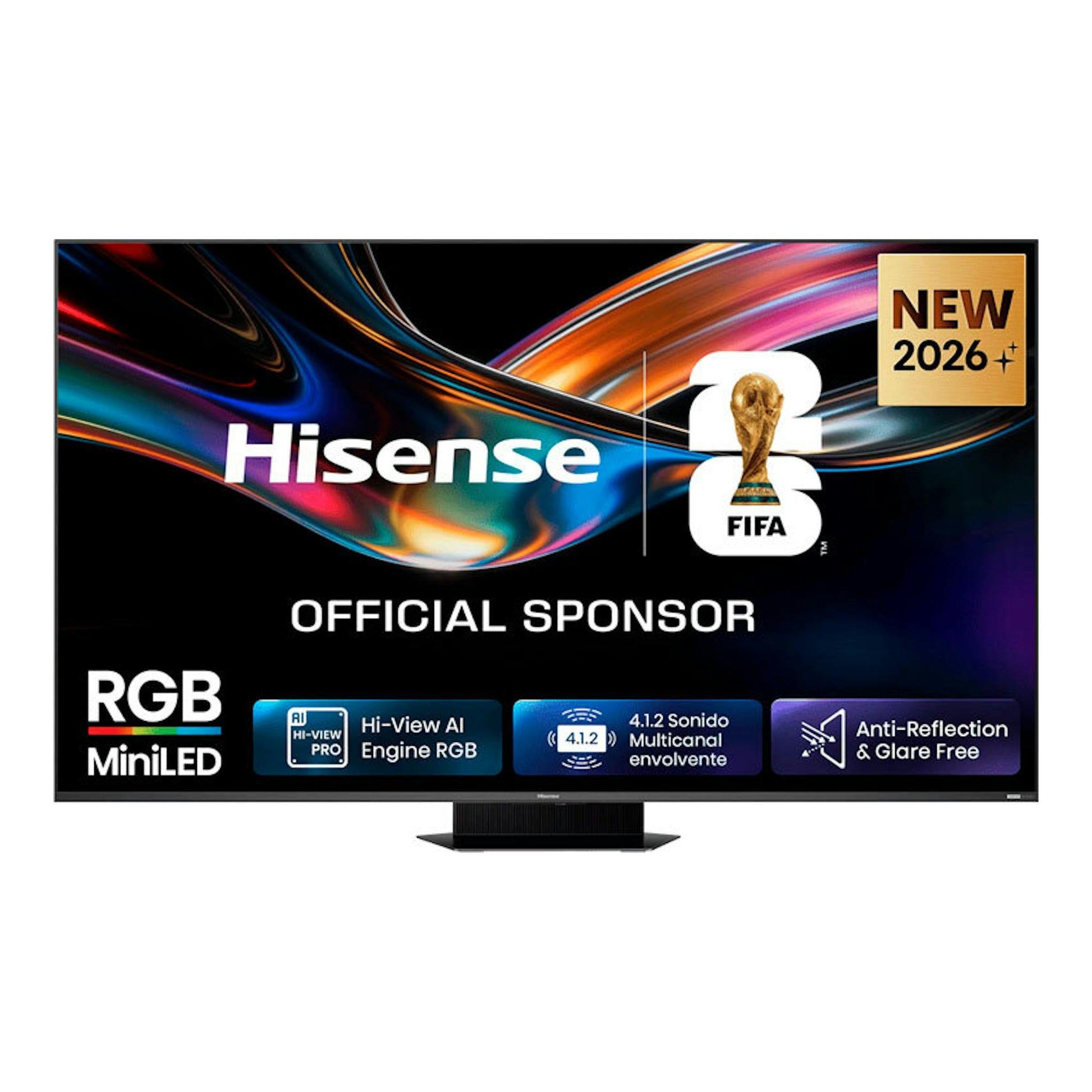 Hisense 75UR9S MiniLED RGB 4K, vista frontal de un televisor negro con base central y gráficos promocionales.