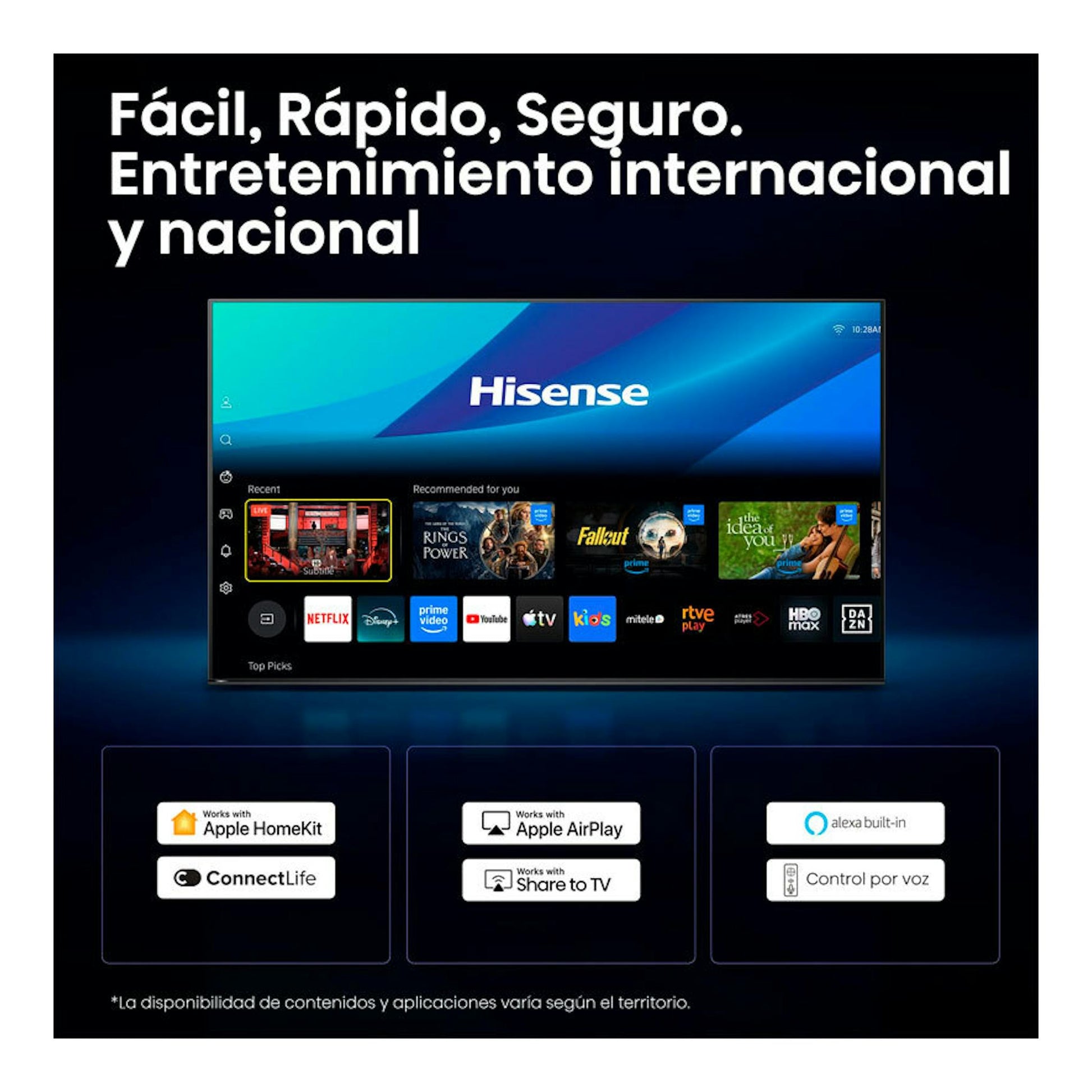 Televisor Hisense 75UR9S MiniLED RGB 4K, vista frontal, pantalla encendida con interfaz y logotipos de apps.