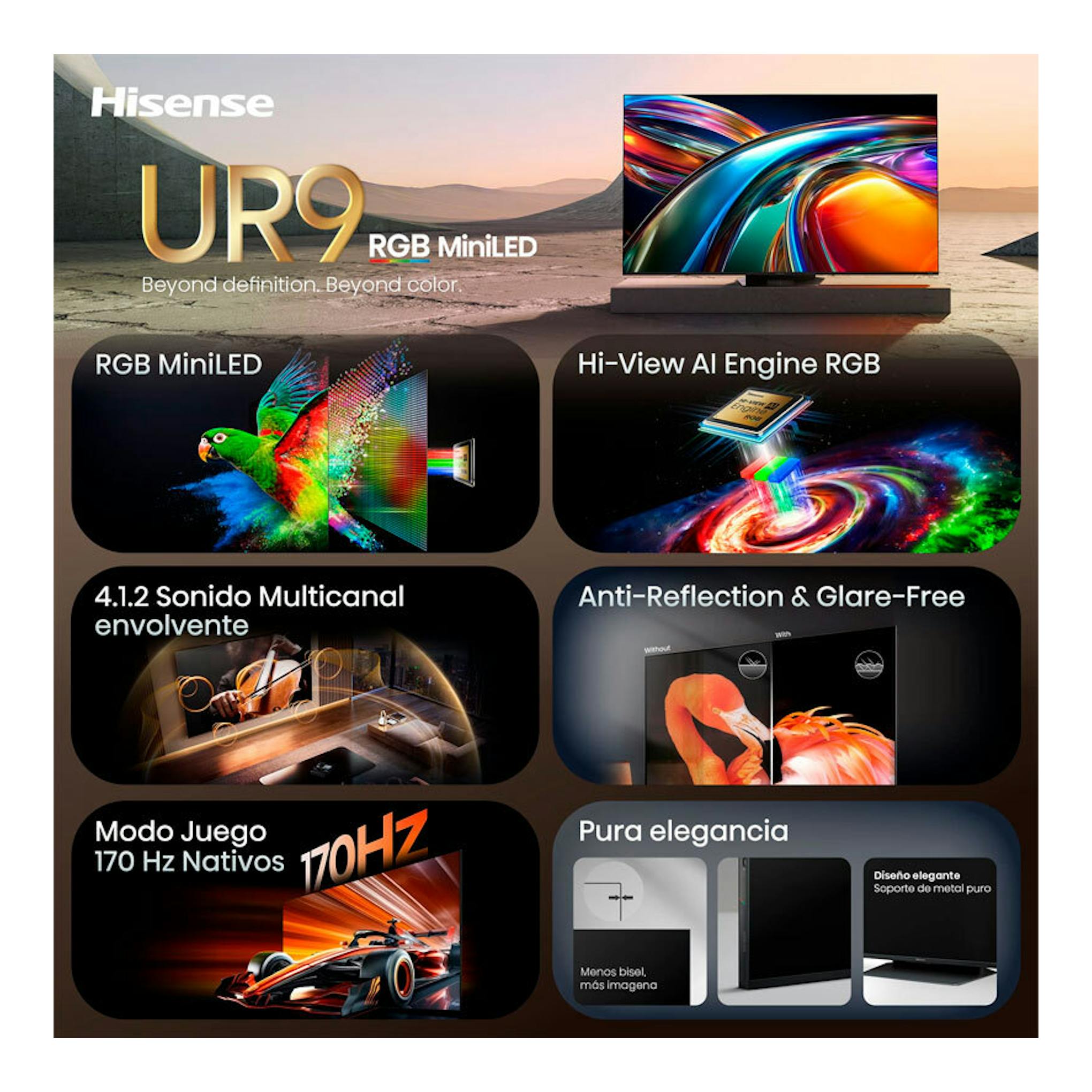 Hisense UR9 RGB MiniLED 75", vista frontal en anuncio promocional con bloques de funciones destacadas.