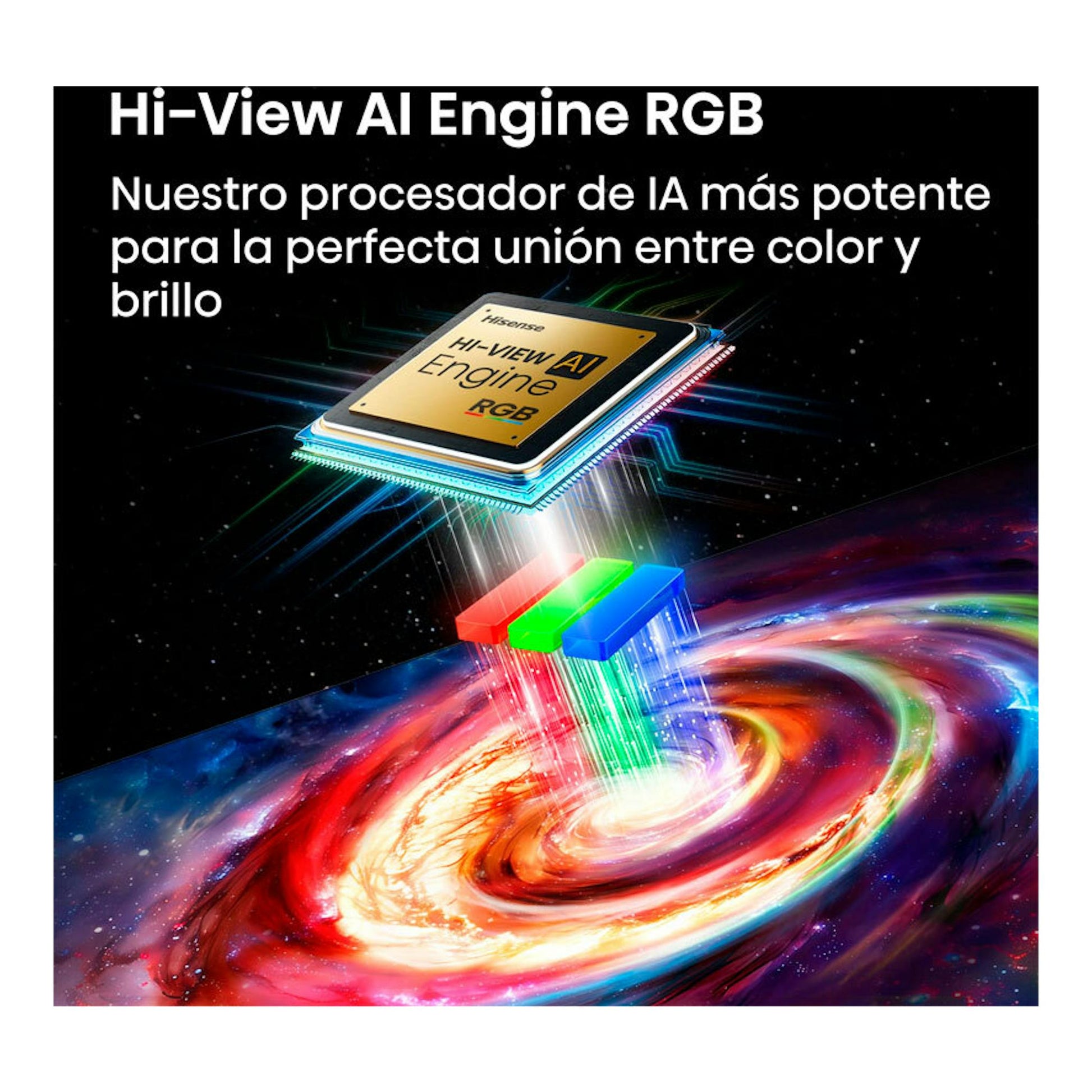 Gráfico promocional de chip Hisense Hi-View AI Engine RGB con haces rojo, verde y azul sobre fondo negro.