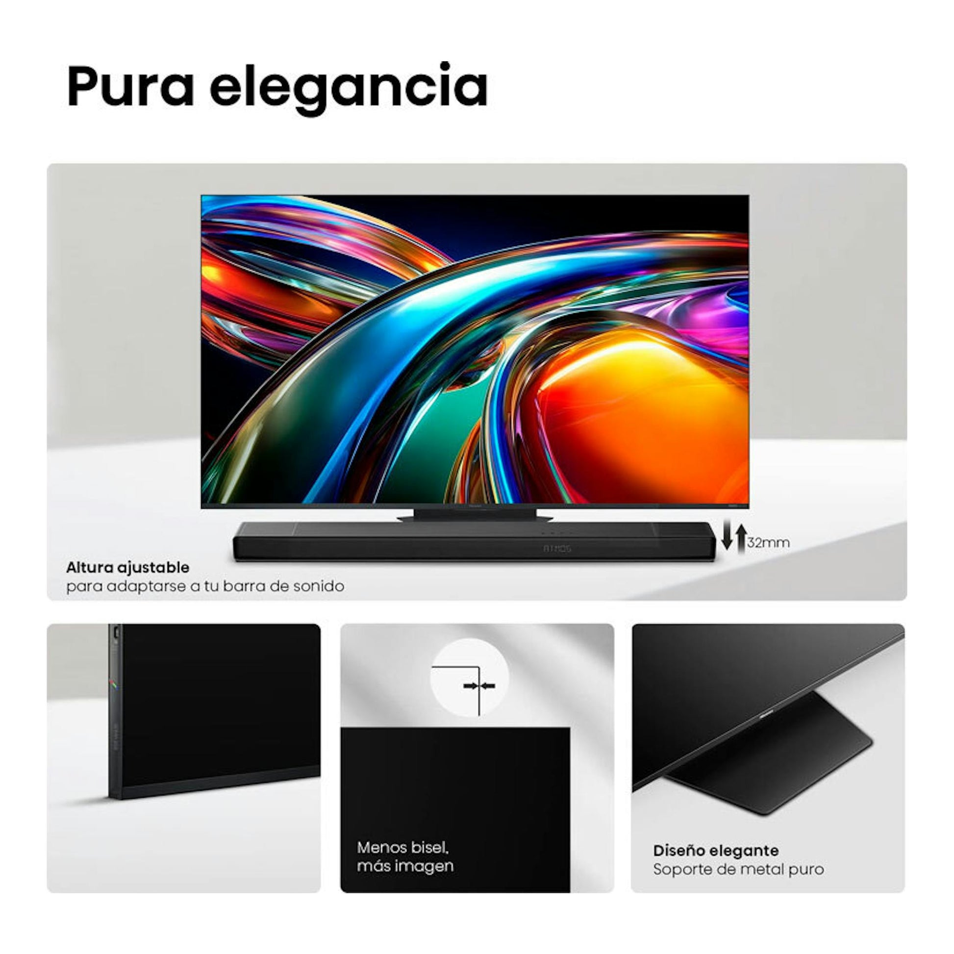 TV Hisense 75UR9S de frente, con base negra y biseles finos, junto a una barra de sonido.