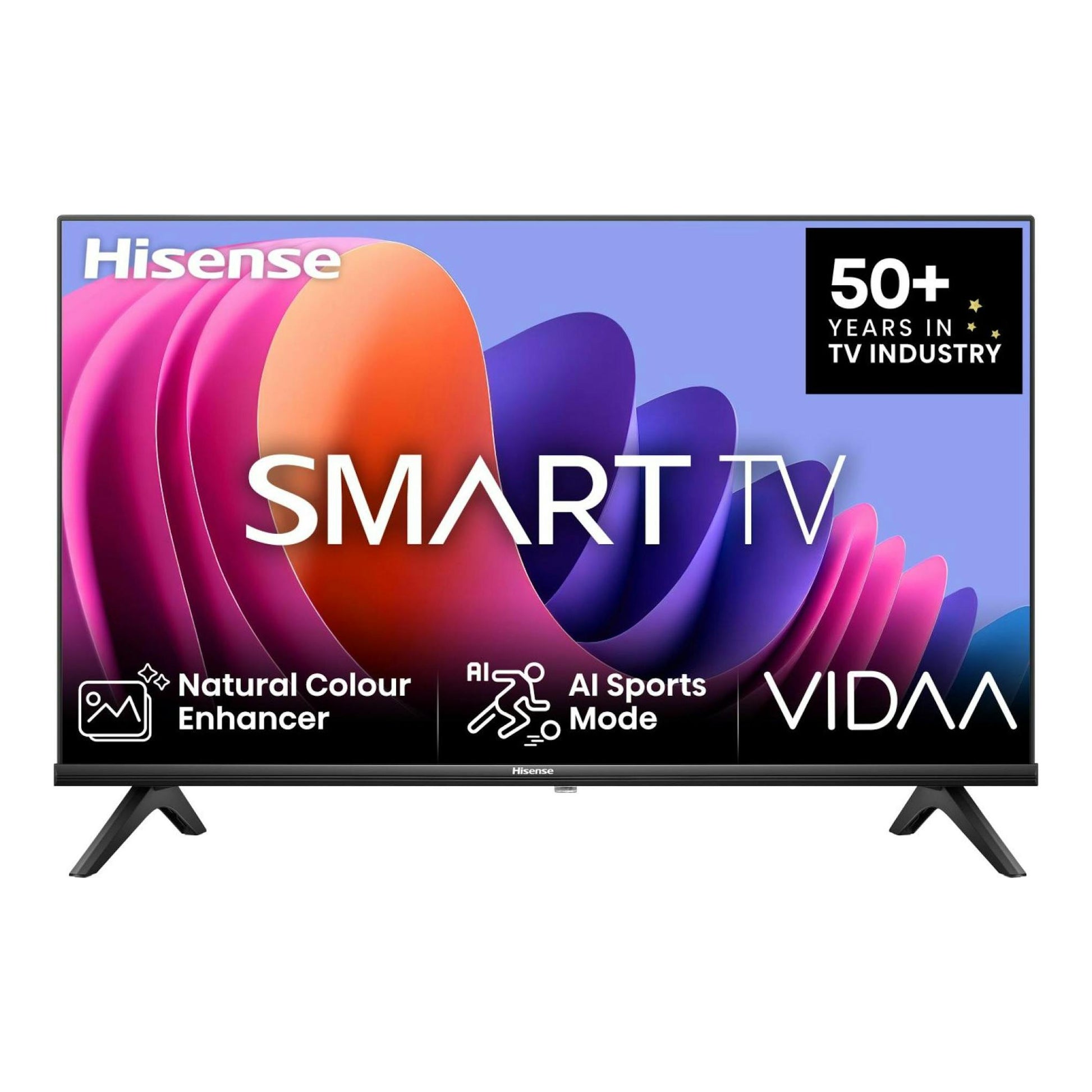 Televisor Hisense 32A4N Smart TV, vista frontal, con base negra y pantalla con gráficos de colores.