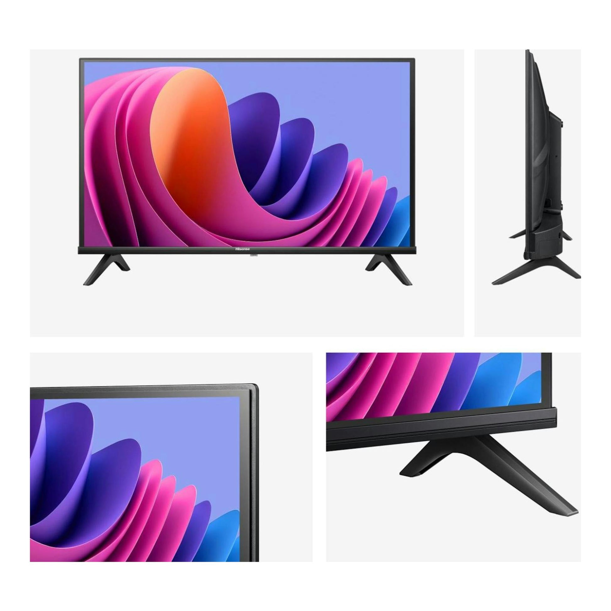 Televisor Hisense 32A4N negro, vista frontal y lateral, con base en V.