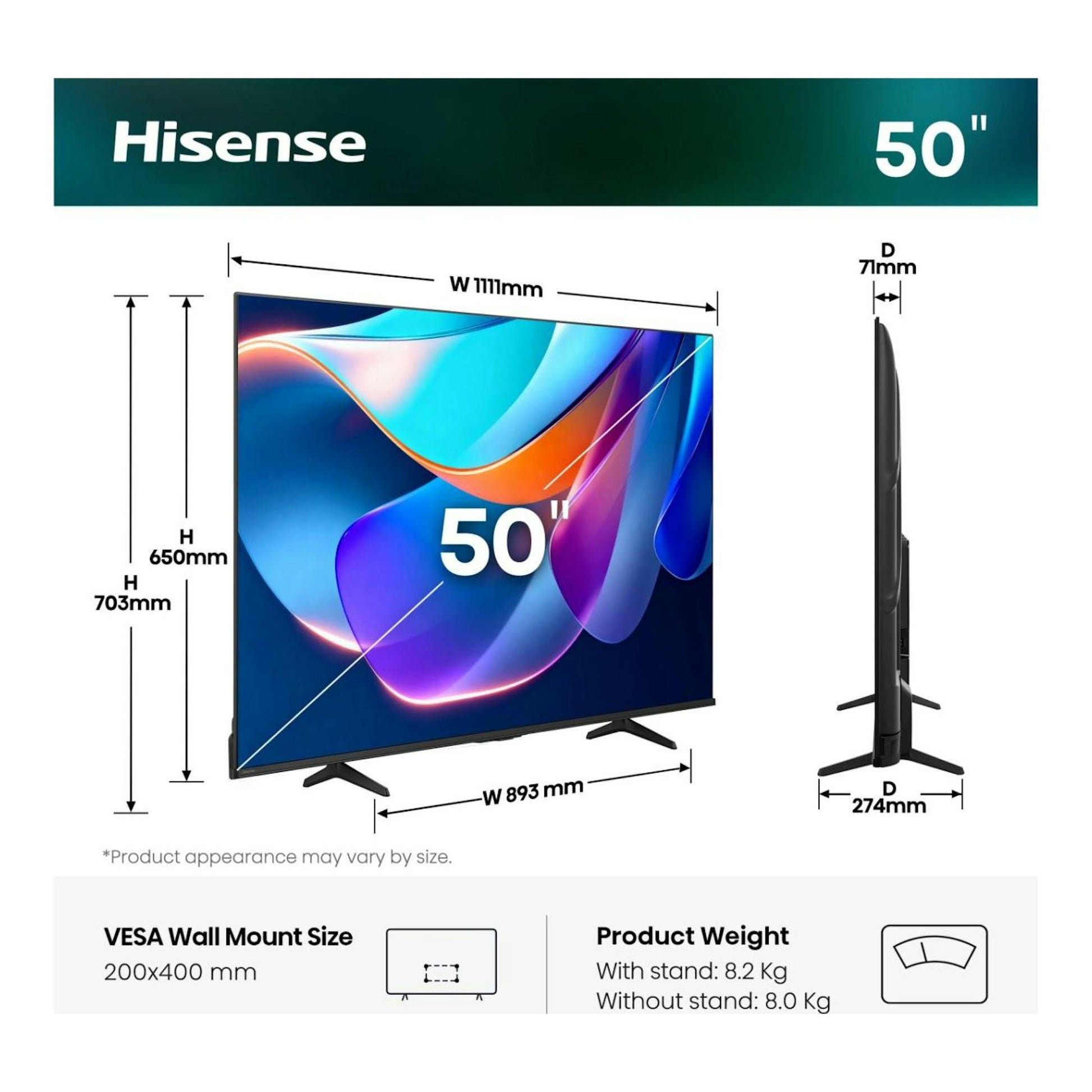 Hisense 50A6S TV LED 50″, vista frontal y lateral en negro, con medidas del soporte y VESA.