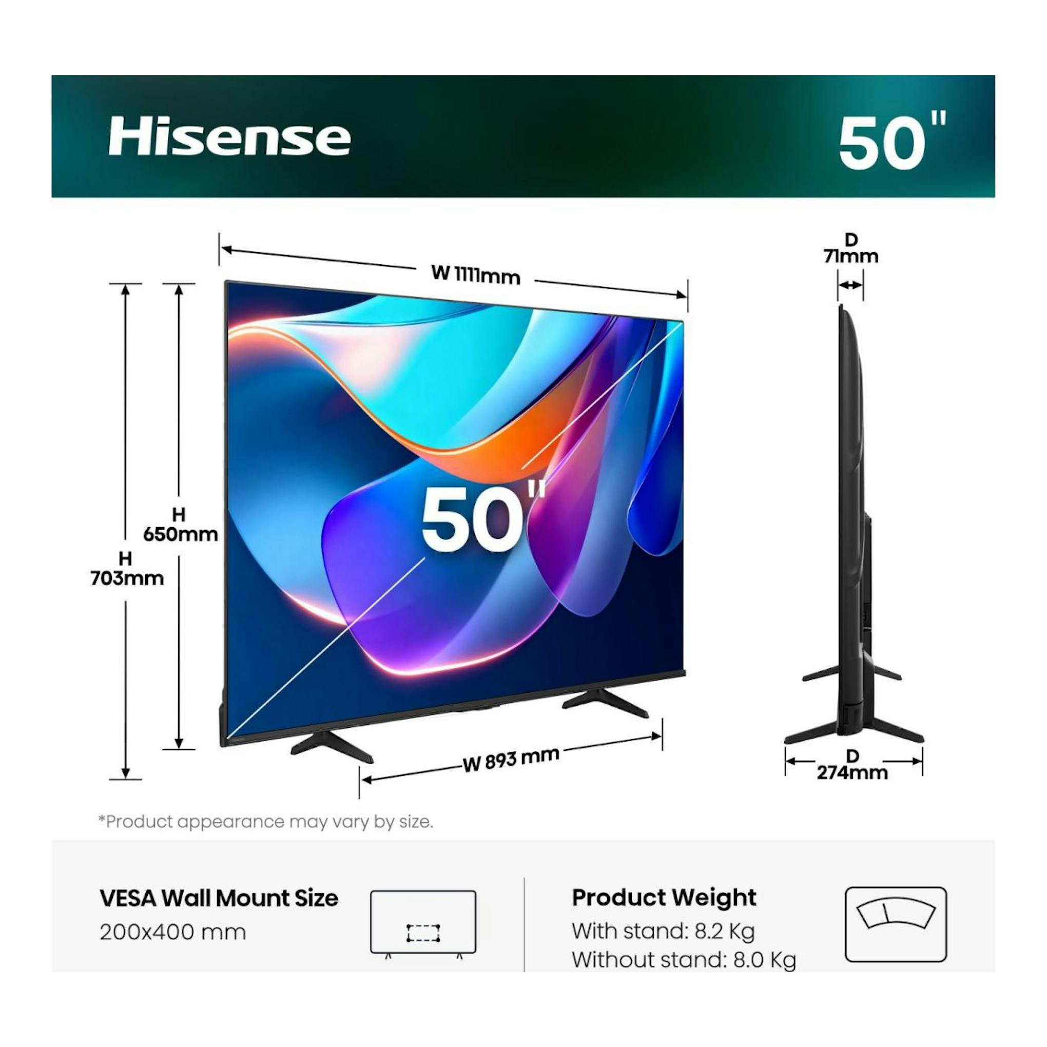 Hisense 50A6S TV LED 50″, vista frontal y lateral en negro, con medidas del soporte y VESA.