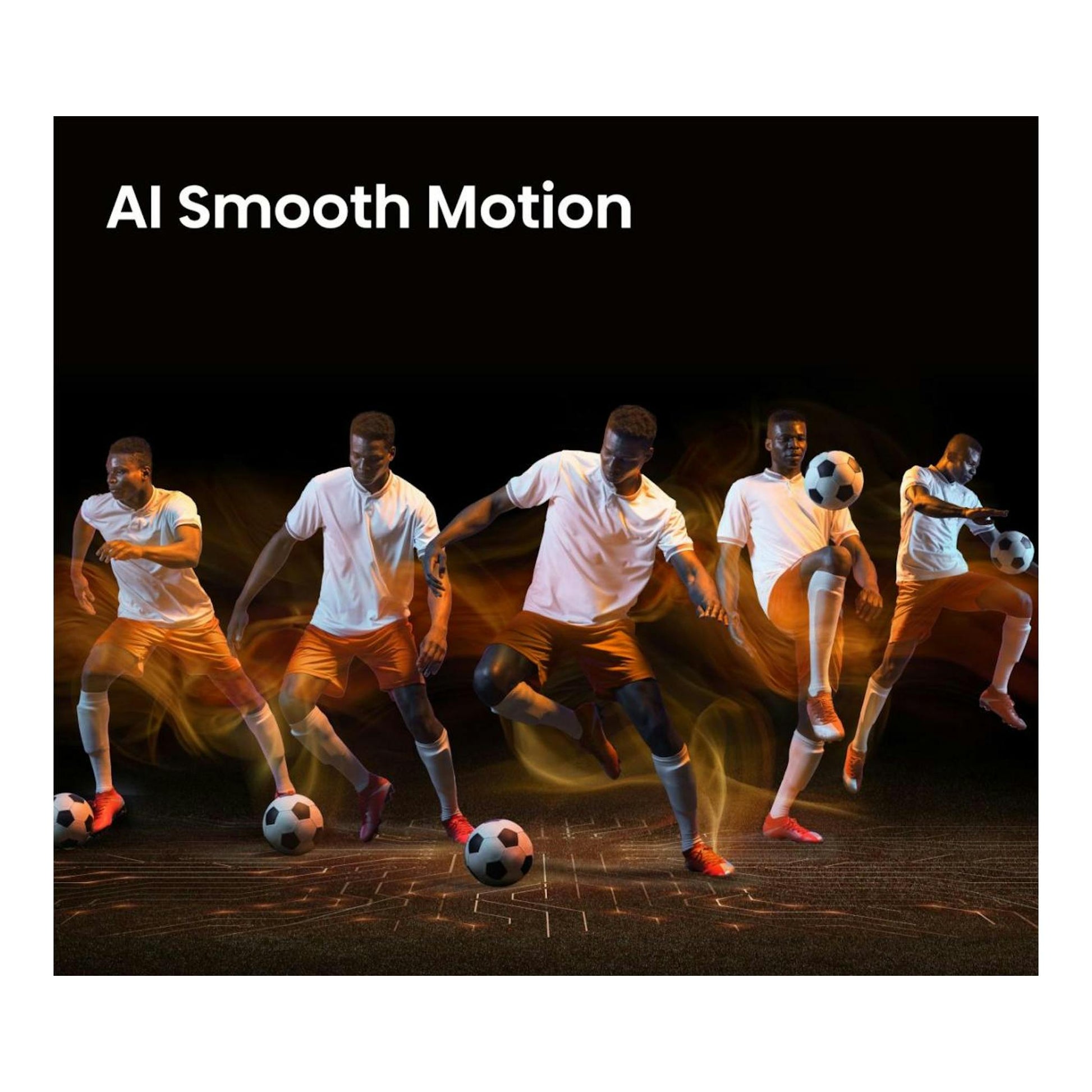 Imagen promocional con texto “AI Smooth Motion” y cinco poses de un futbolista con balón sobre fondo negro.