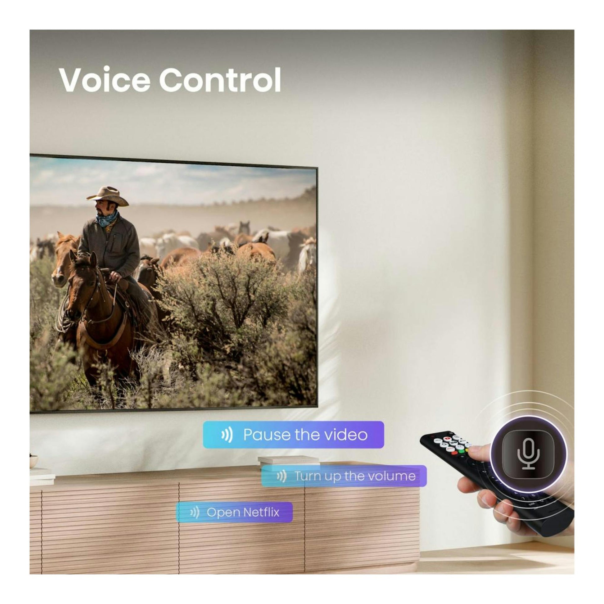 TV Hisense 50A6S en pared, vista frontal; mando a distancia con icono de voz y texto Voice Control.