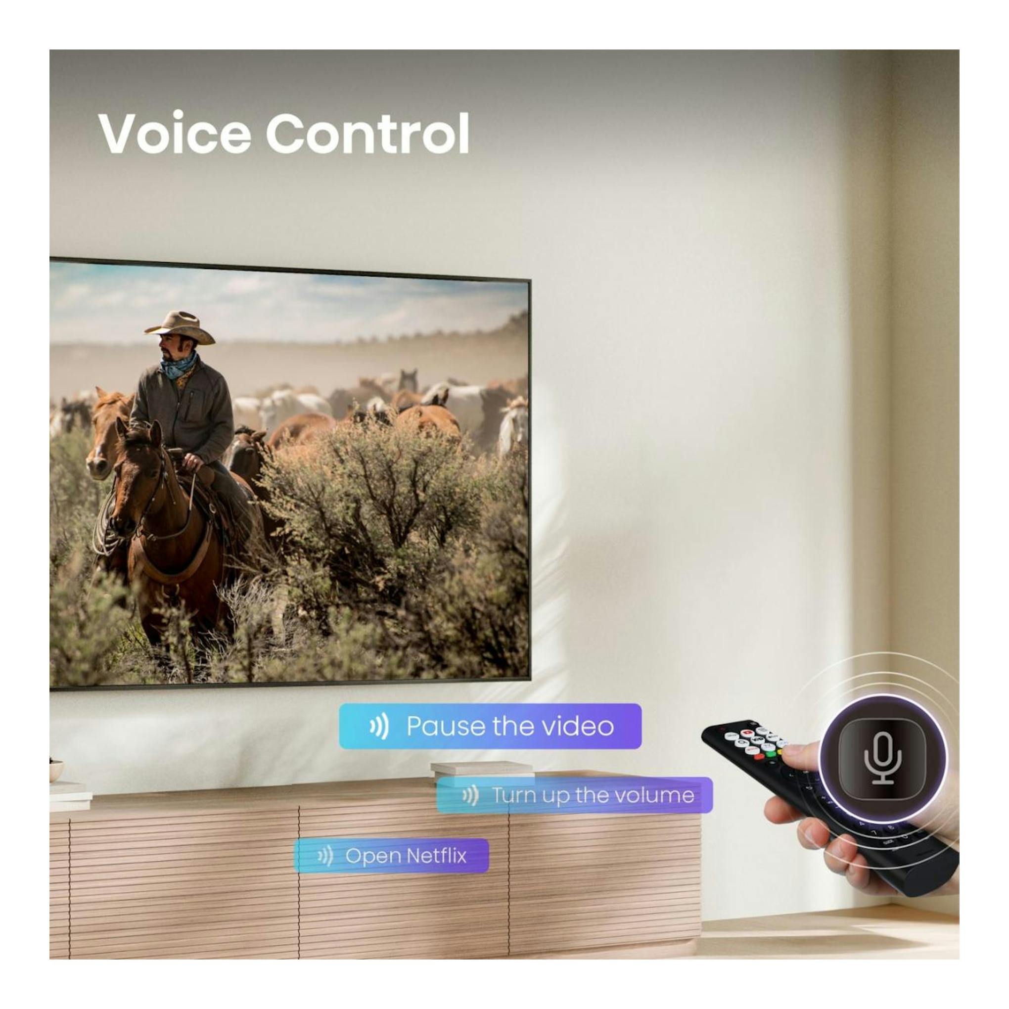 TV Hisense 43A6S, vista frontal en pared, con mando a distancia y texto de control por voz.