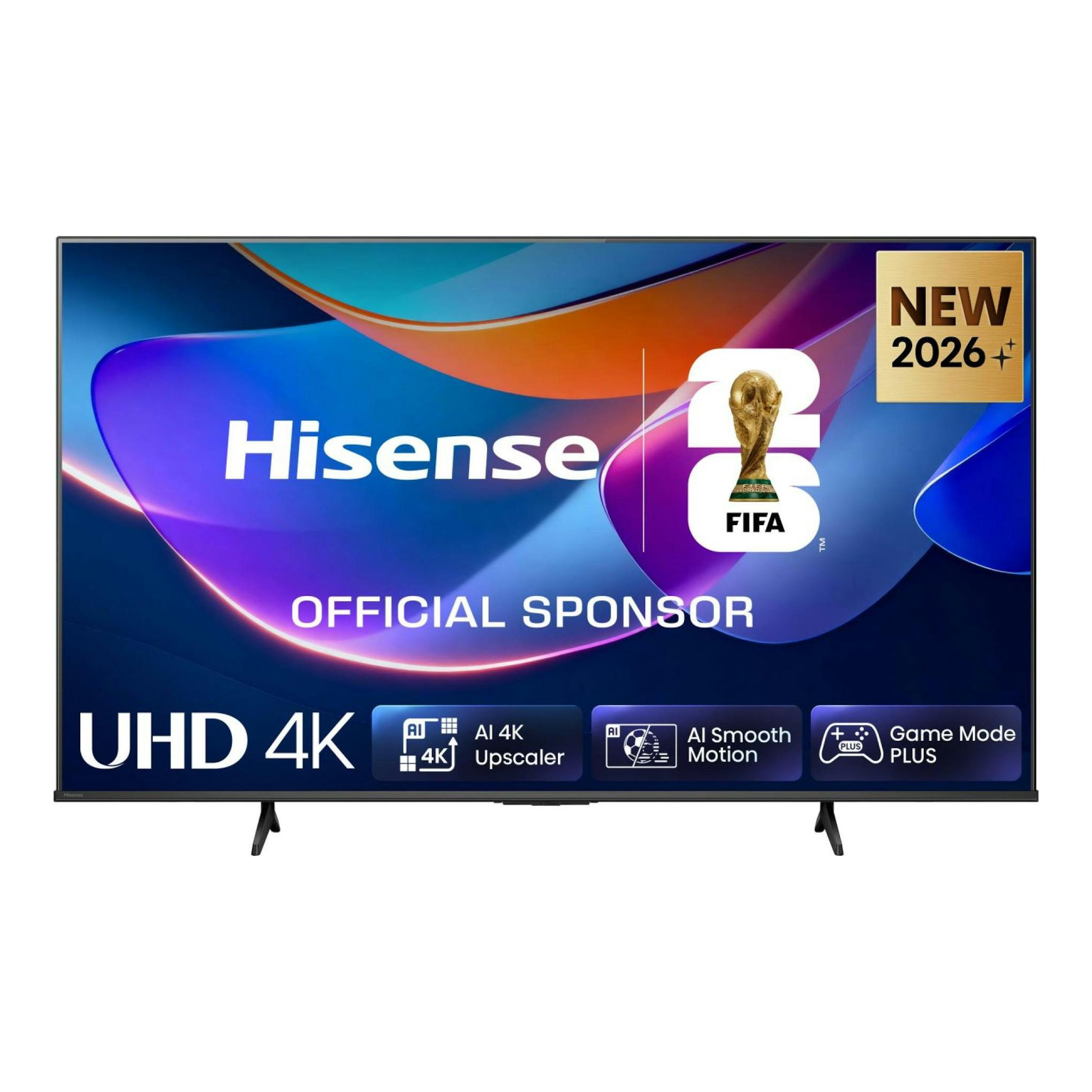 Televisor Hisense 55A6S negro, vista frontal, con peana, pantalla 4K con gráfico multicolor.