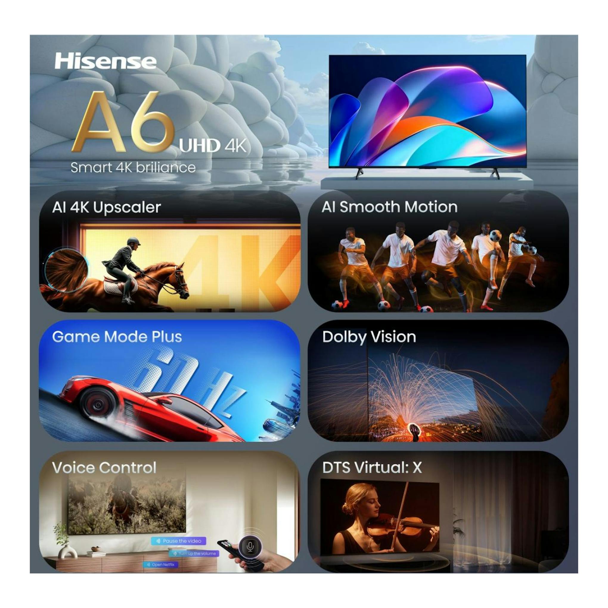 Hisense A6 UHD 4K, póster promocional con TV frontal y pantallas de funciones Smart, Dolby Vision y juego.