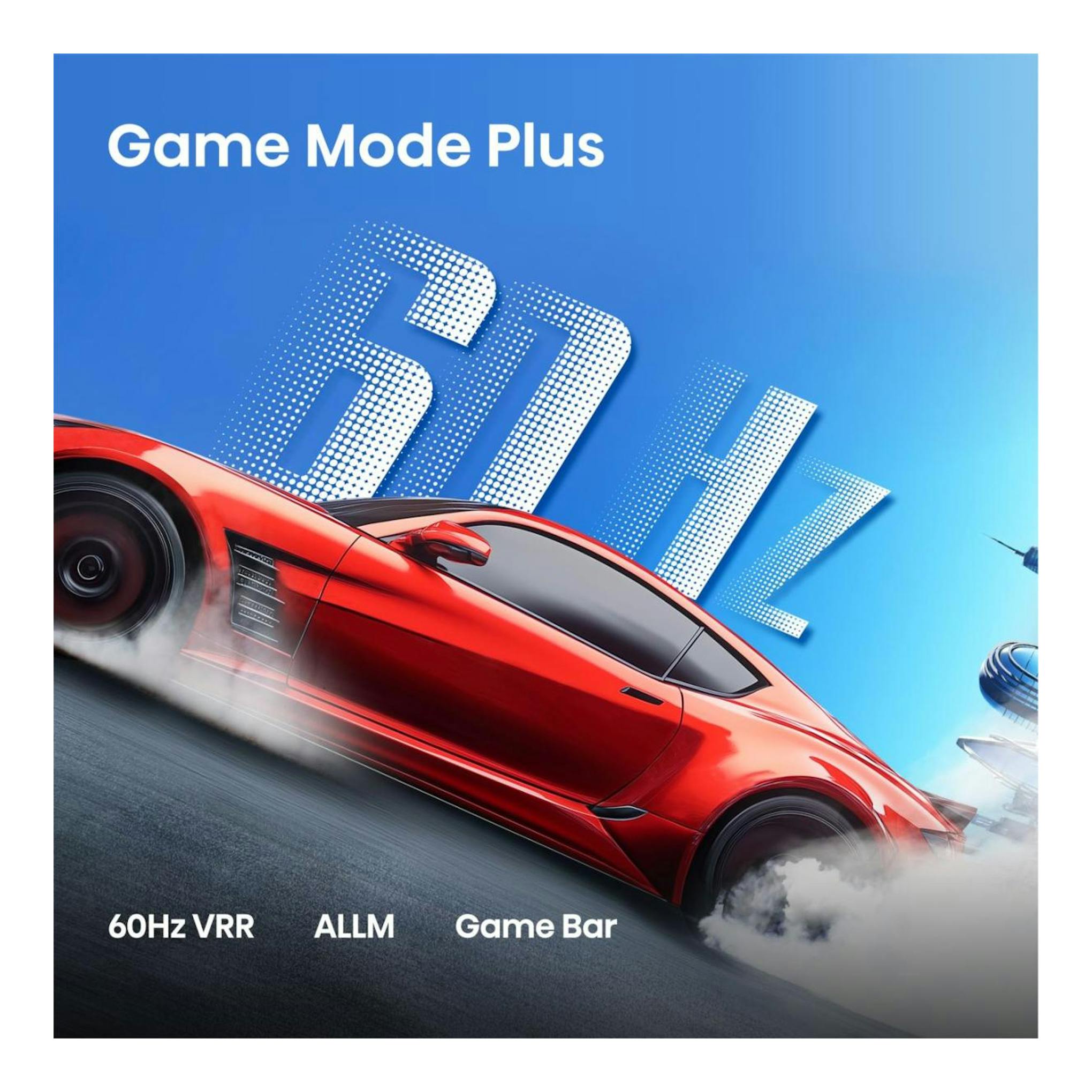 Imagen promocional de Hisense 43A6S con coche rojo, texto Game Mode Plus, 60Hz VRR, ALLM y Game Bar.