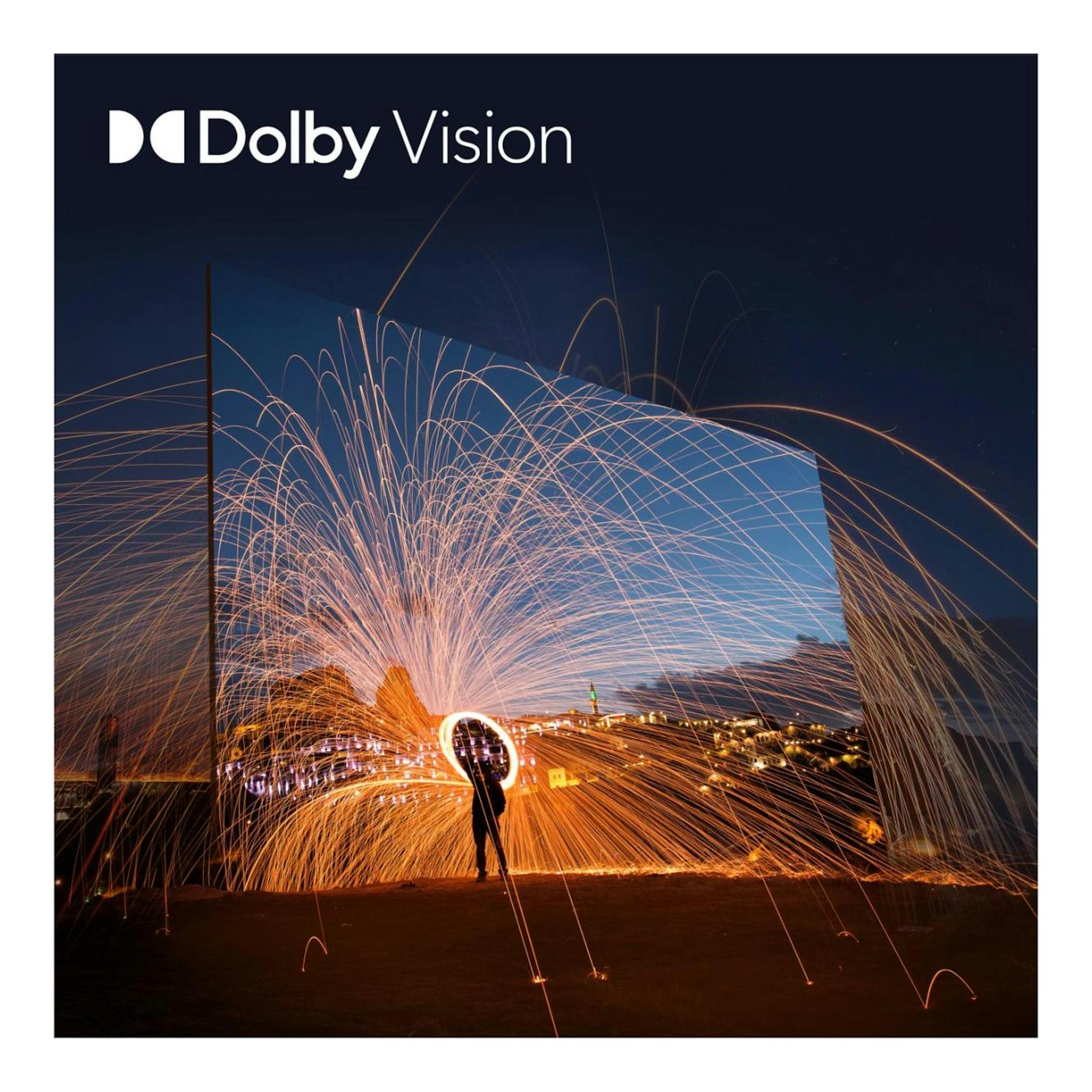 TV Hisense 65A6S en vista frontal, con imagen de fuegos artificiales y logo Dolby Vision.