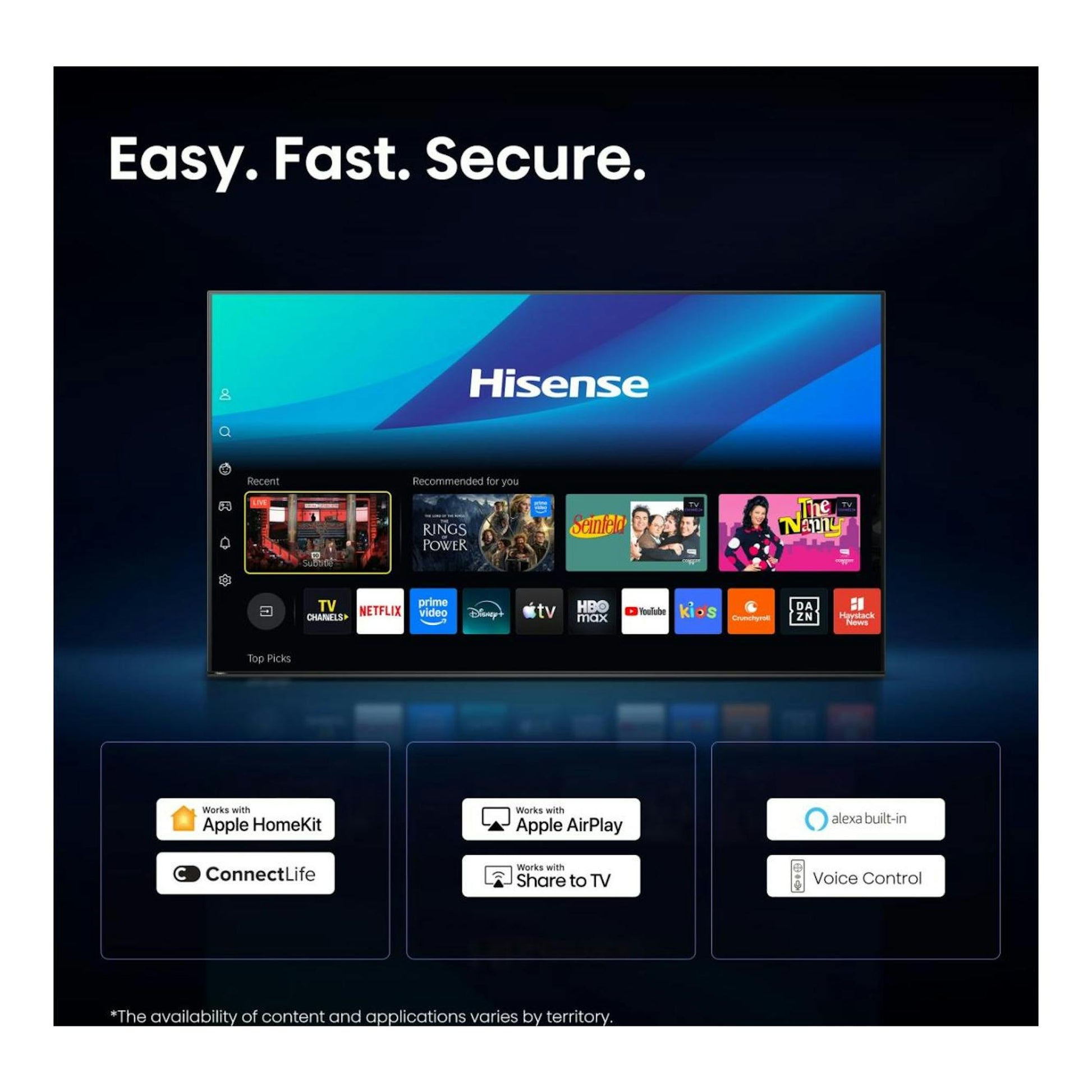 Hisense 55A6S Smart TV, vista frontal, con interfaz azul y logos de apps y funciones de conectividad.