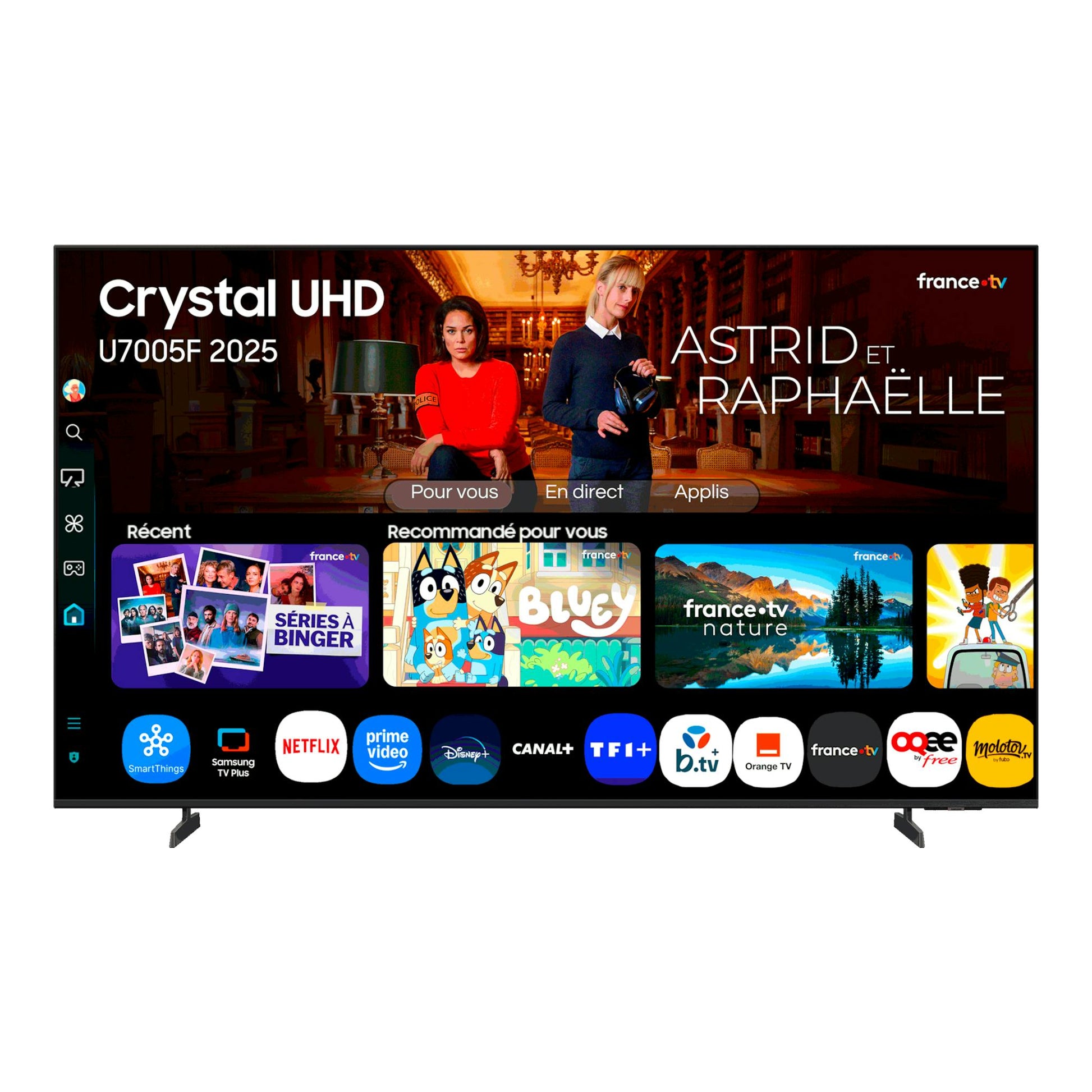 Televisor Samsung TU65U7005FKXXC, vista frontal, pantalla encendida con interfaz Smart TV y aplicaciones.