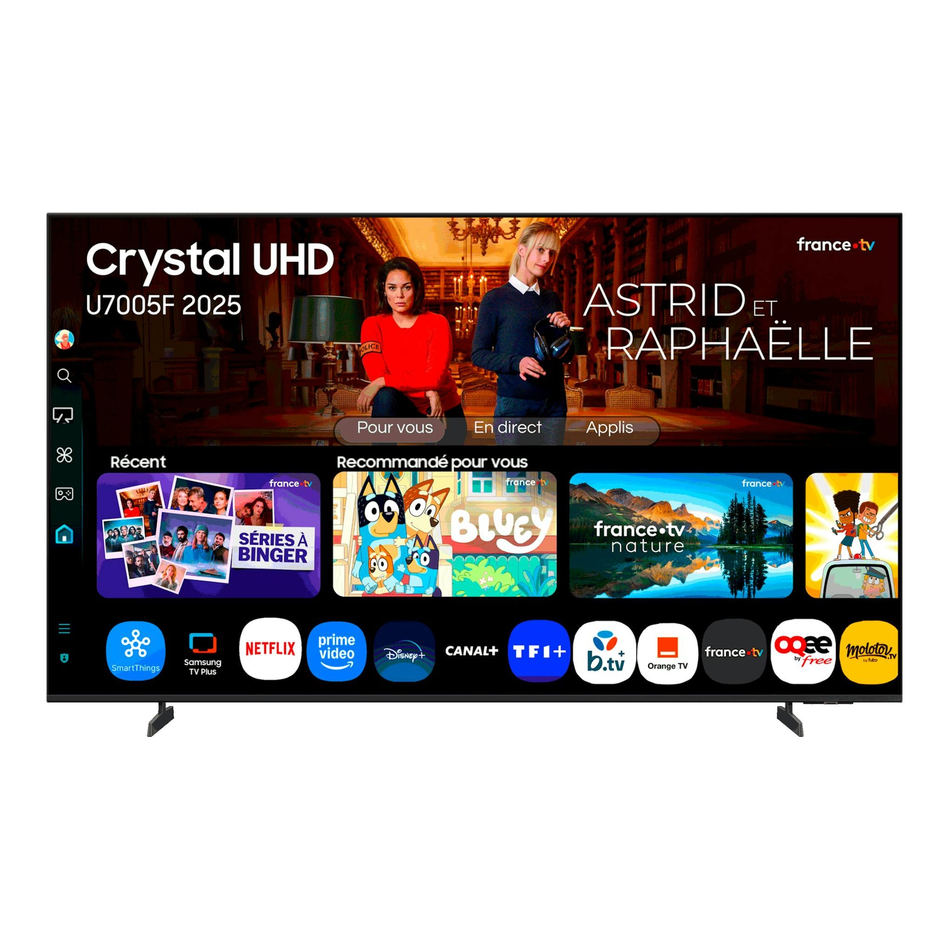 TV Samsung Crystal UHD U7005F 2025 en vista frontal, con pantalla encendida y peana negra.