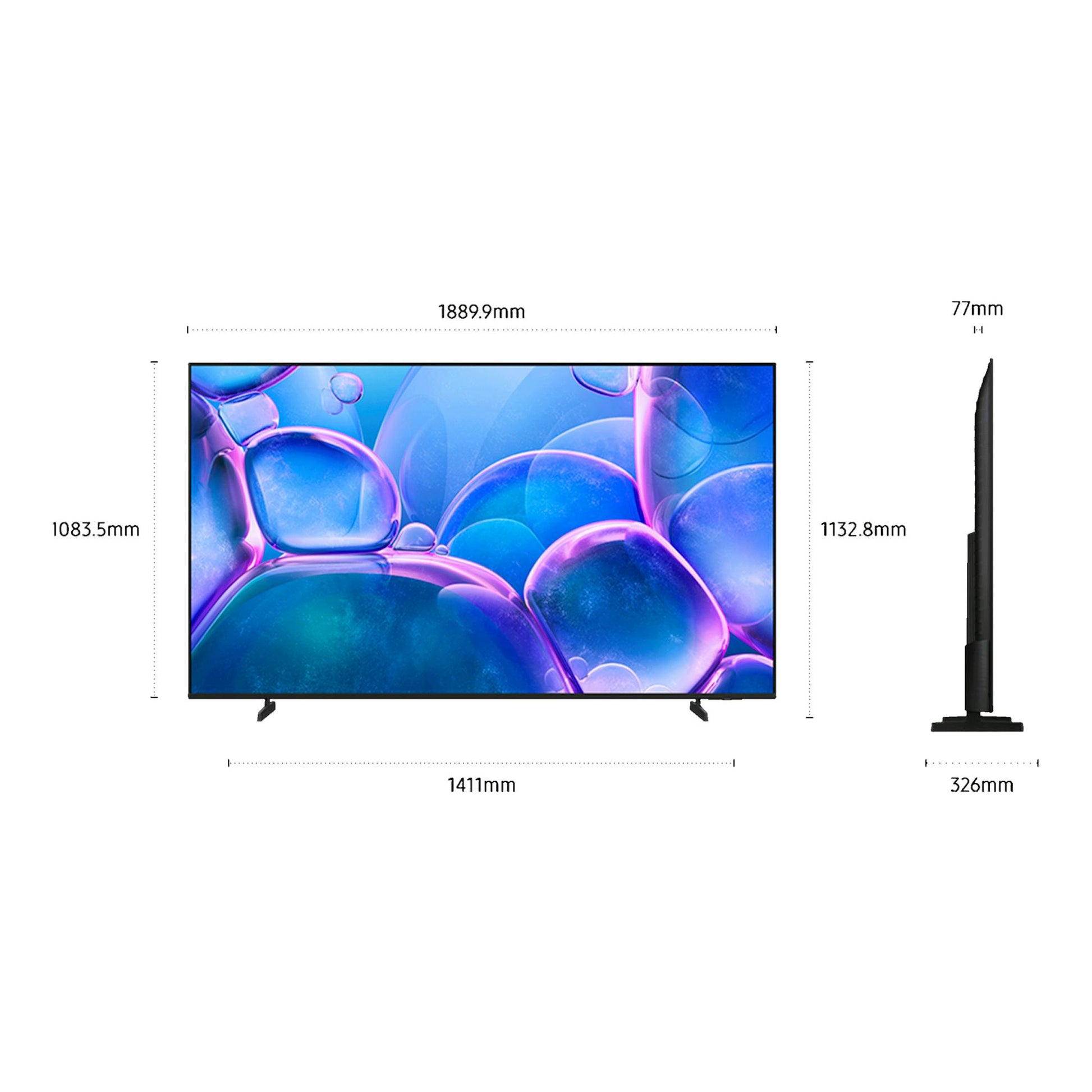 Samsung TU85U7005FKXXC, TV LED negra vista frontal y lateral con base, con medidas de 1889,9 x 1083,5 mm.