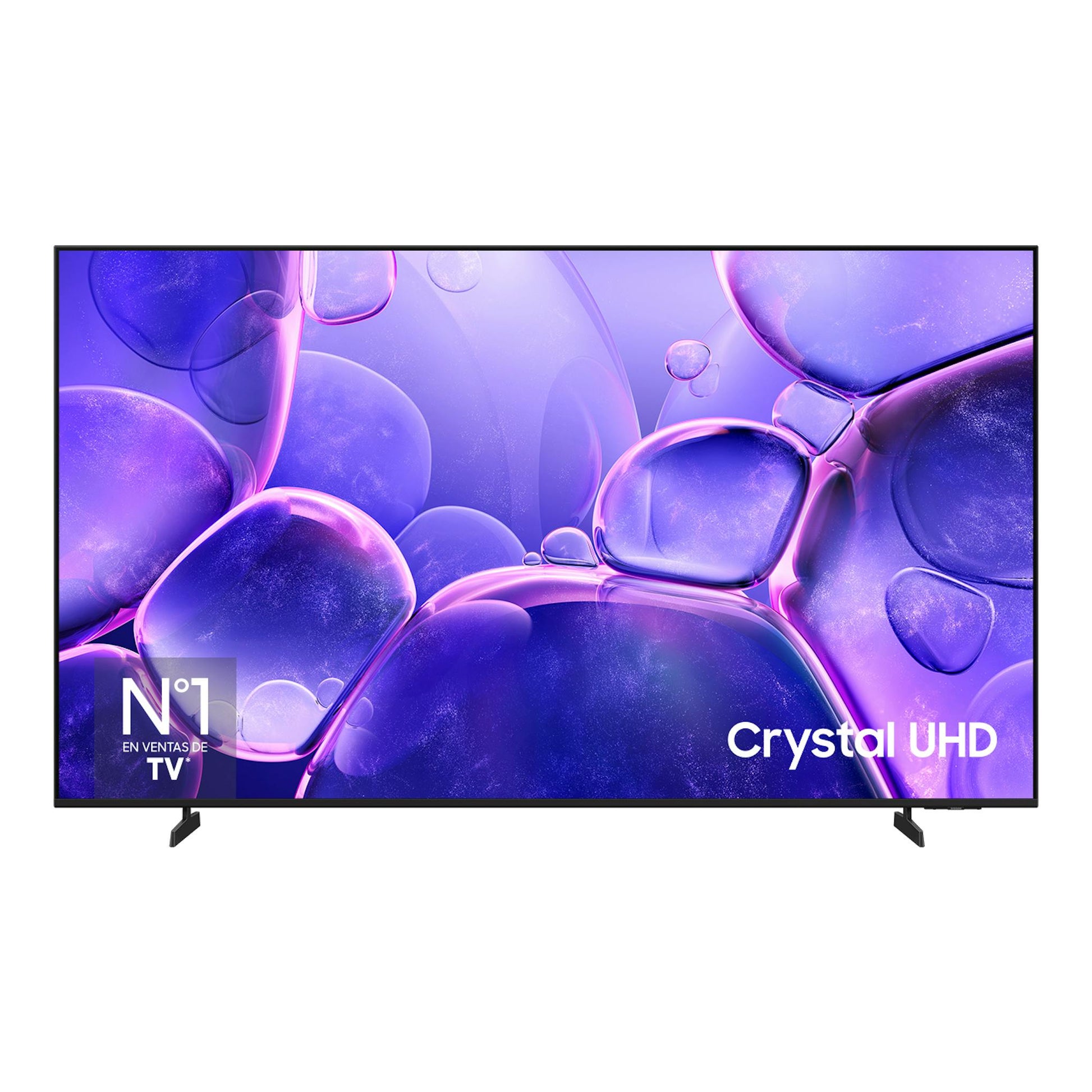 Televisor Samsung TU85U8075FUXXC, vista frontal, pantalla con imagen morada, sobre fondo blanco.