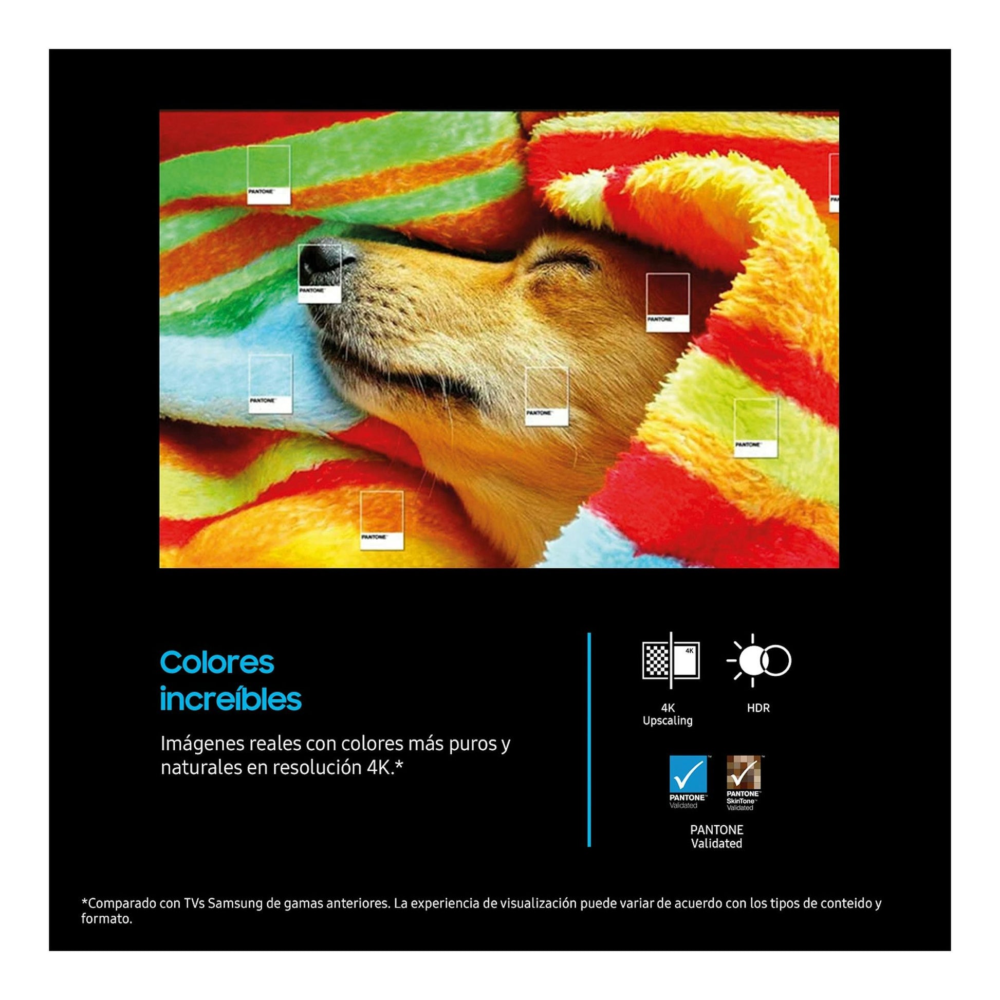 Cartel promocional de Samsung TU85U8075FUXXC: TV en vista frontal con perro bajo manta multicolor y texto 4K HDR.