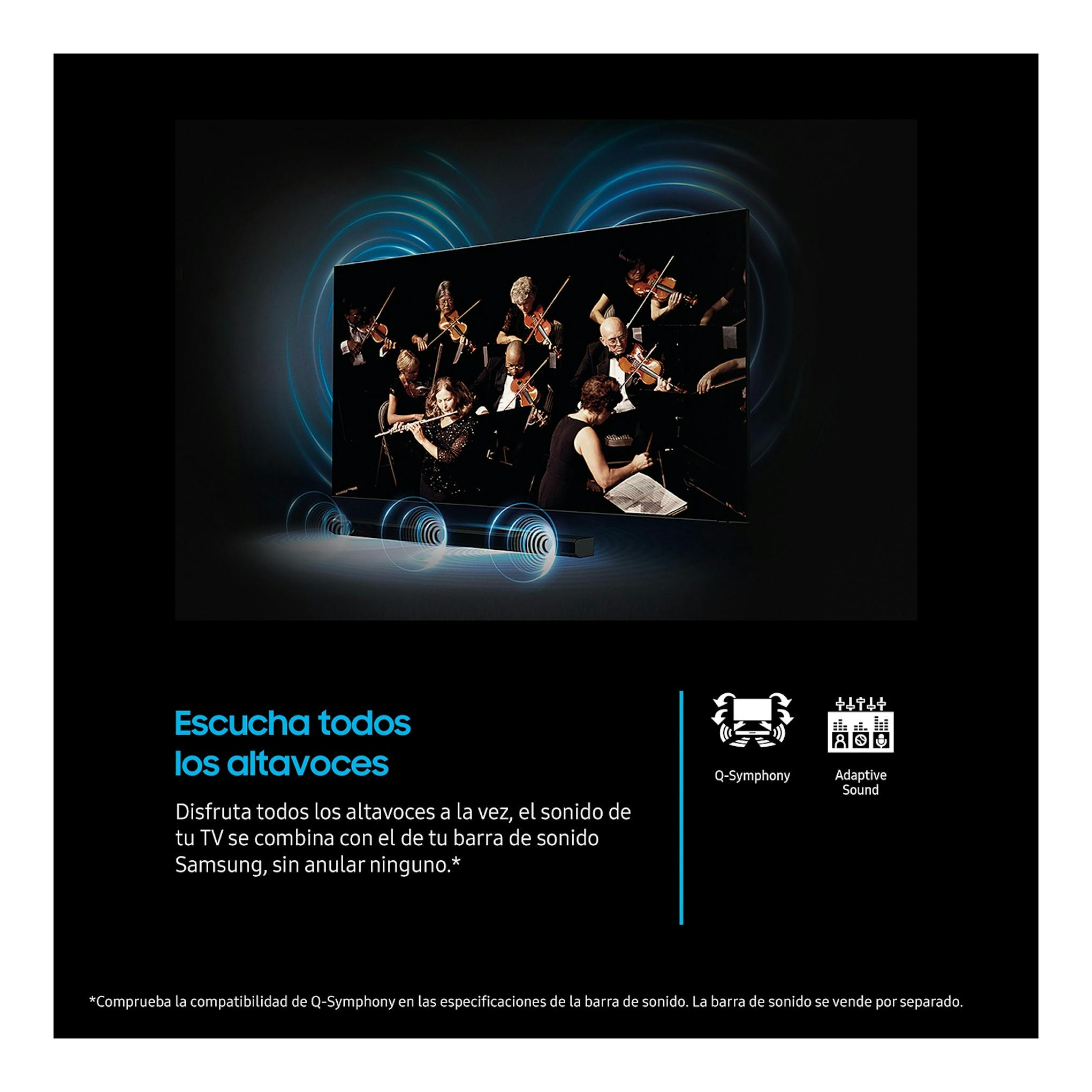 Samsung TU85U8075FUXXC, TV LED 4K negra en vista frontal con orquesta en pantalla y texto de Q-Symphony.