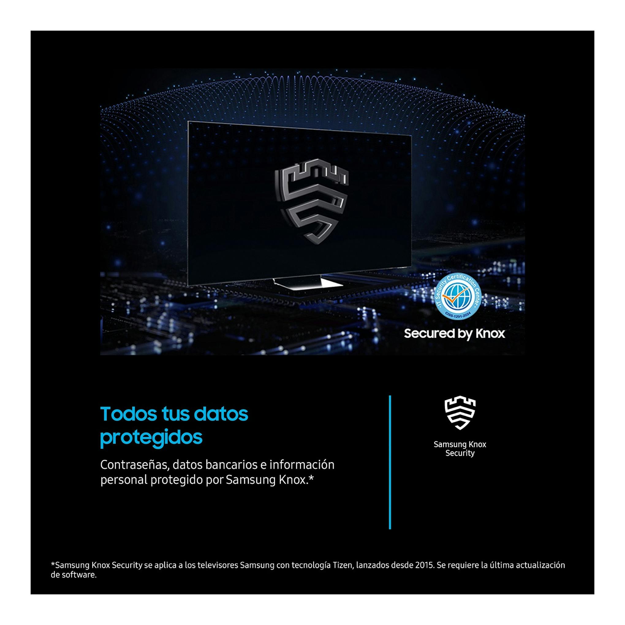 Samsung TU85U8075FUXXC en vista frontal, con pantalla negra y mensaje de seguridad Knox sobre fondo oscuro.