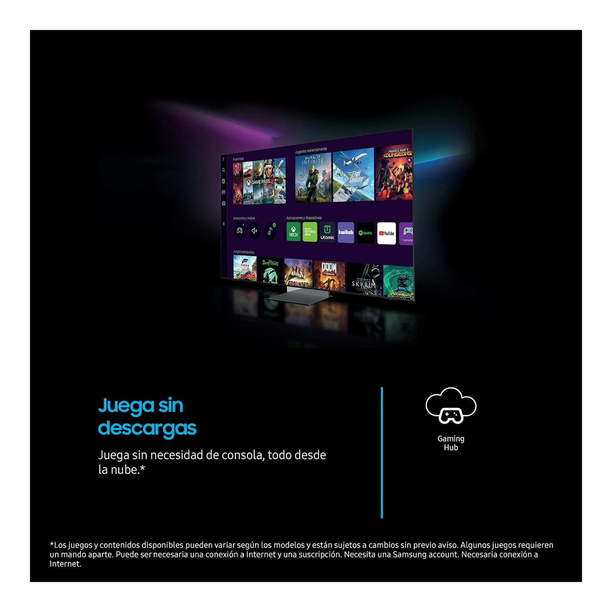 Samsung TU85U8075FUXXC: televisor negro en vista diagonal con interfaz de juegos y texto “Juega sin descargas”.