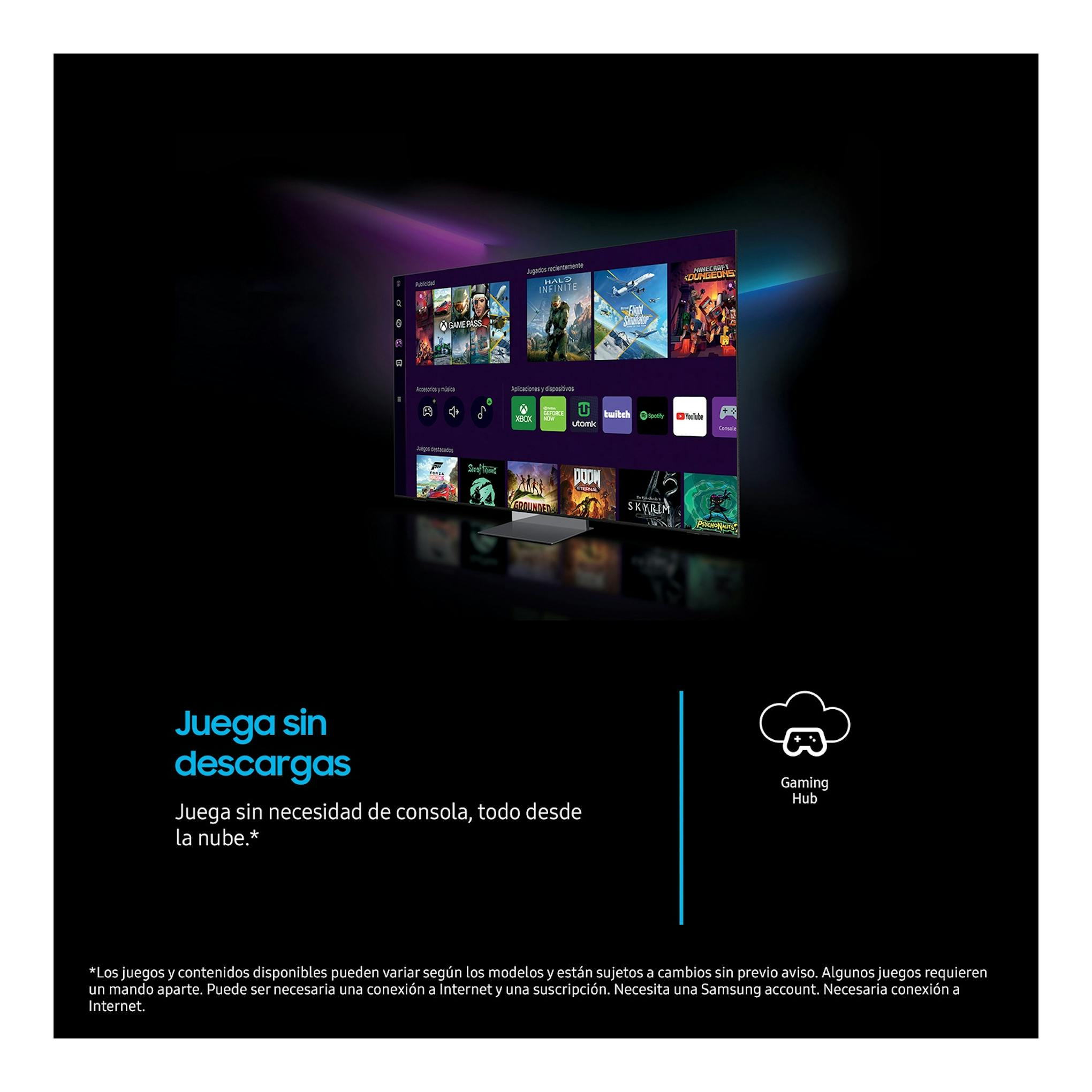 Samsung TU85U8075FUXXC: televisor negro en vista diagonal con interfaz de juegos y texto “Juega sin descargas”.