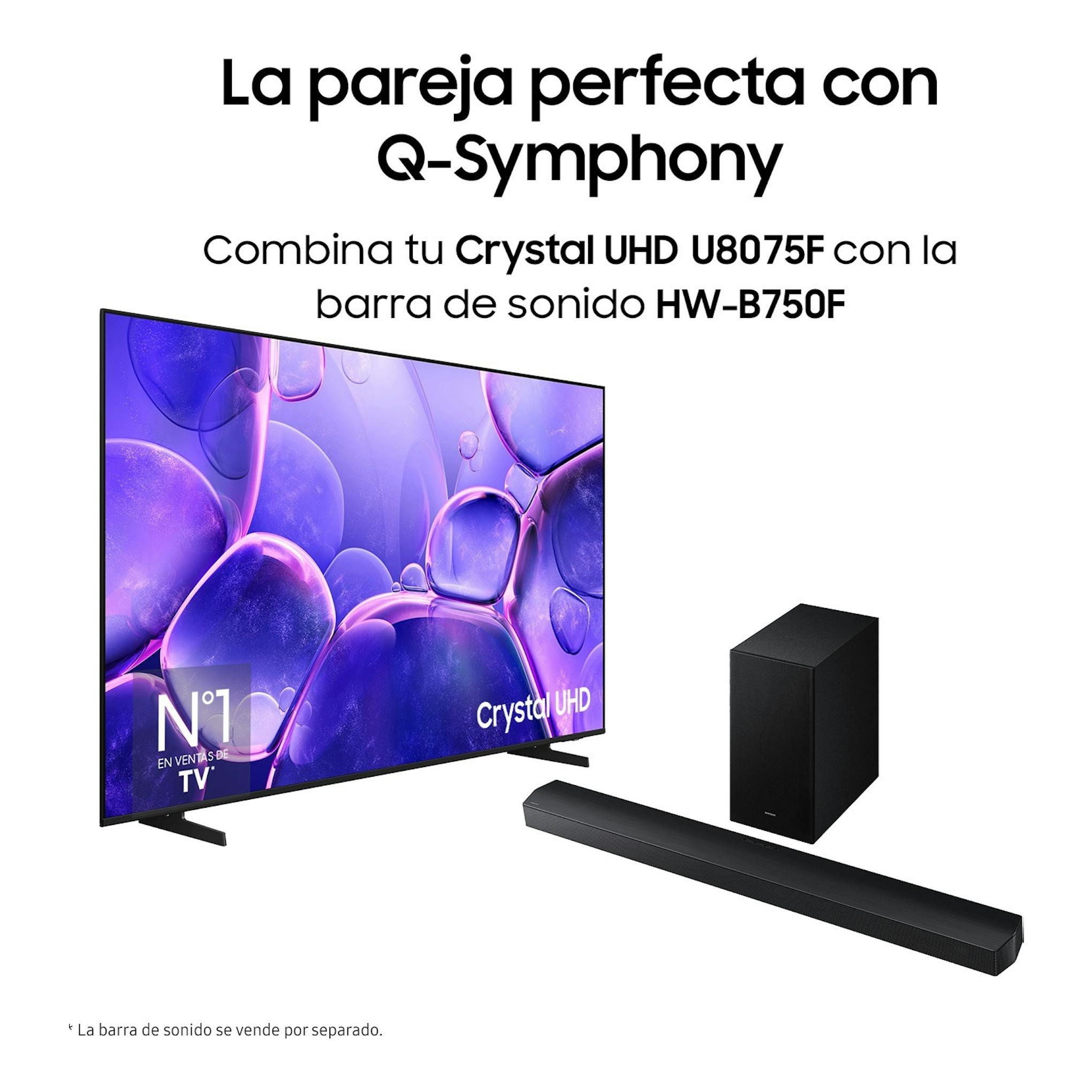 Samsung Crystal UHD U8075F: televisor 4K negro, vista frontal en ángulo, con barra de sonido y subwoofer.
