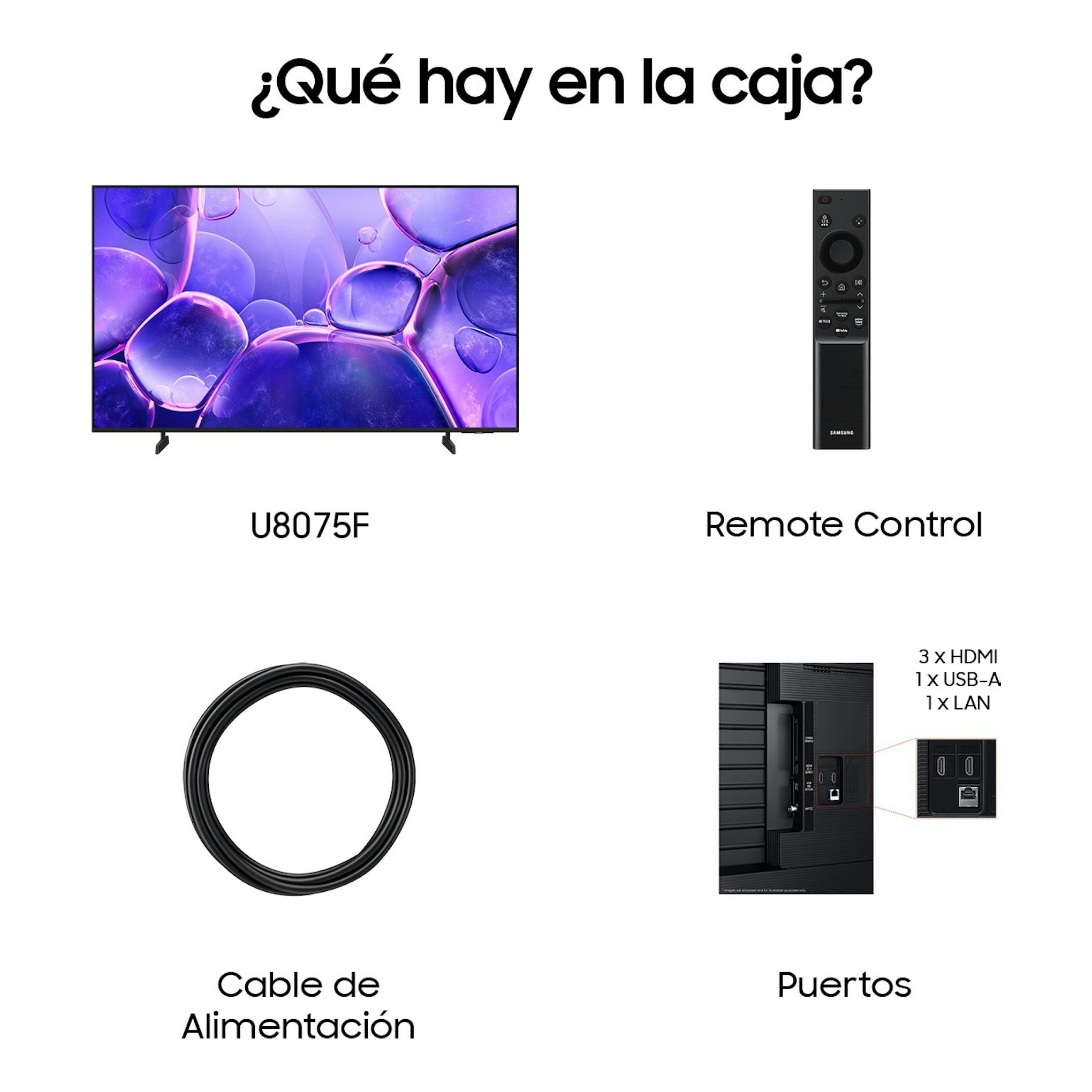 Samsung U8075F: TV frontal, mando, cable de alimentación y puertos HDMI, USB-A y LAN.