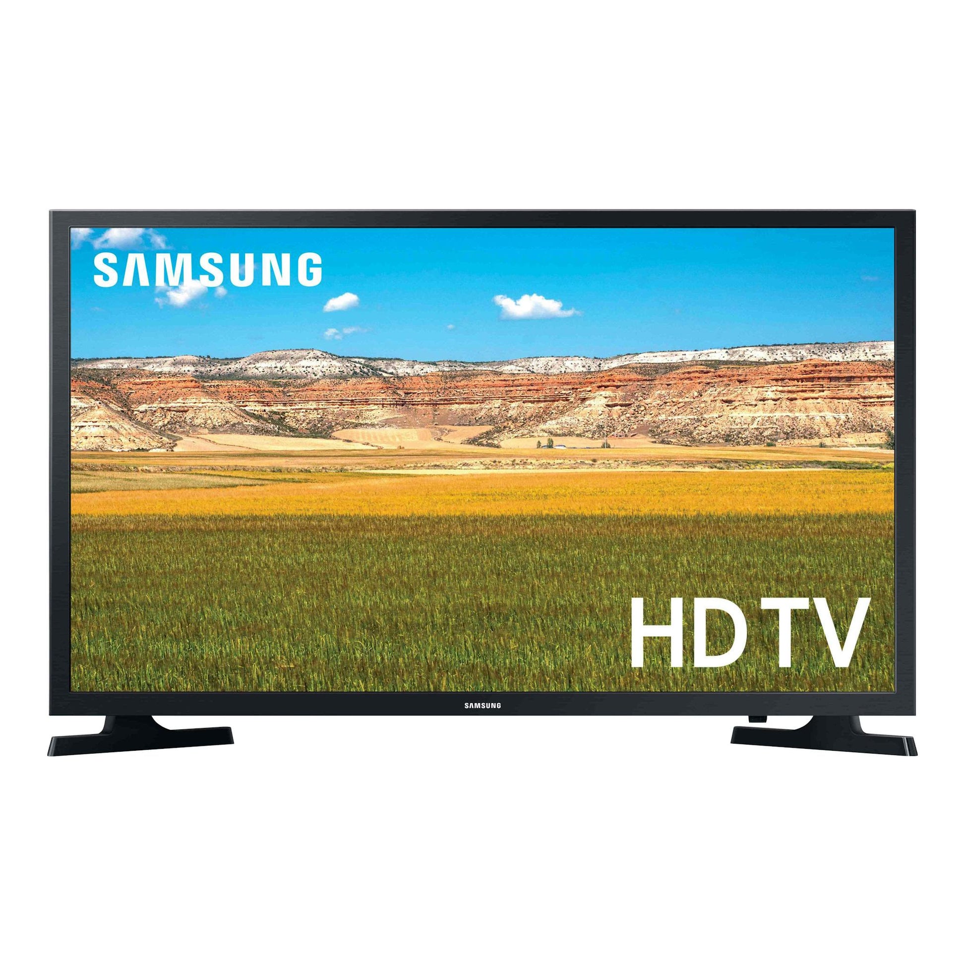 Televisor Samsung UE32T4305AEXXC negro, vista frontal, con pantalla HD y base doble.
