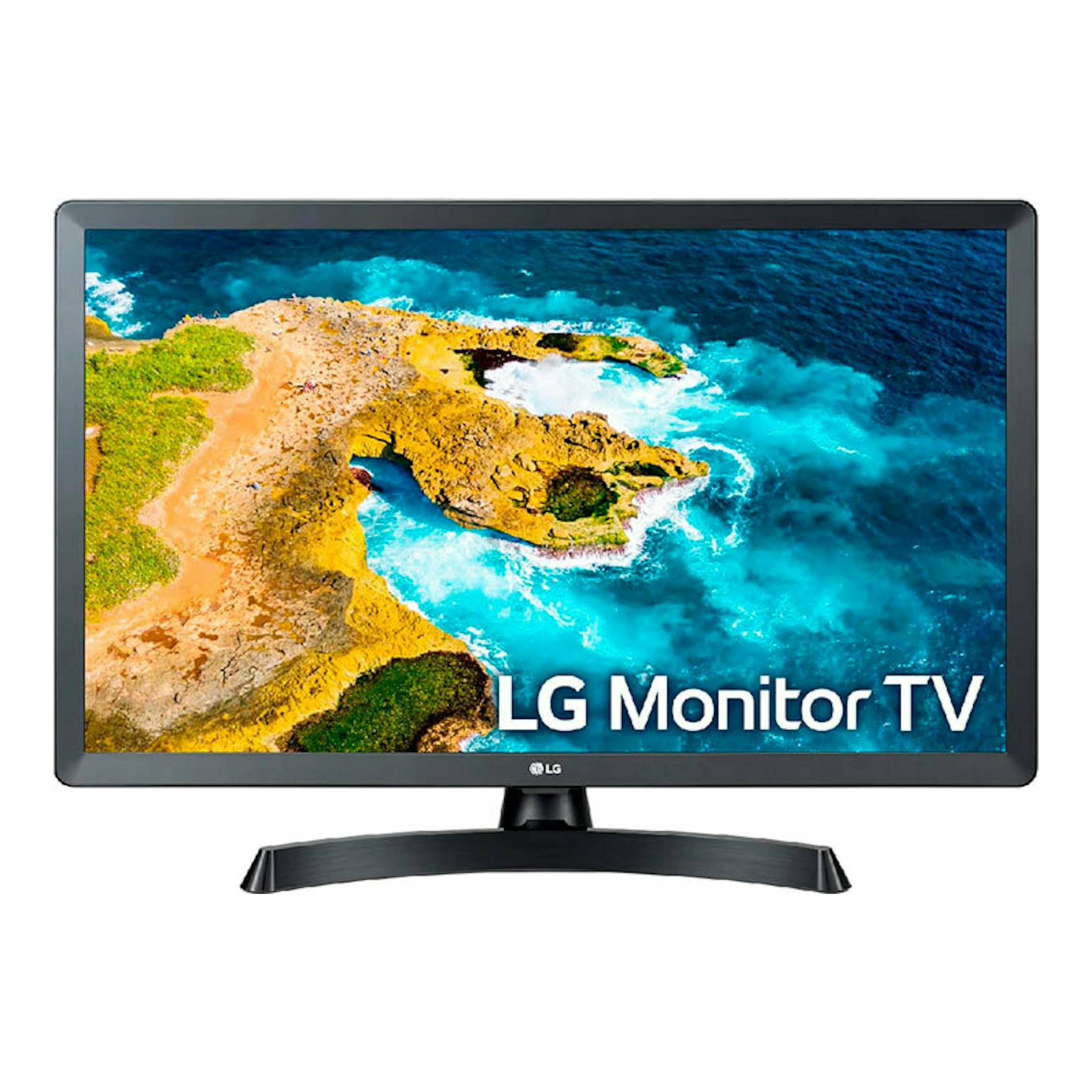 TV LED LG 27TQ615S-PZ negra, vista frontal, con pantalla mostrando un paisaje costero y base curva.