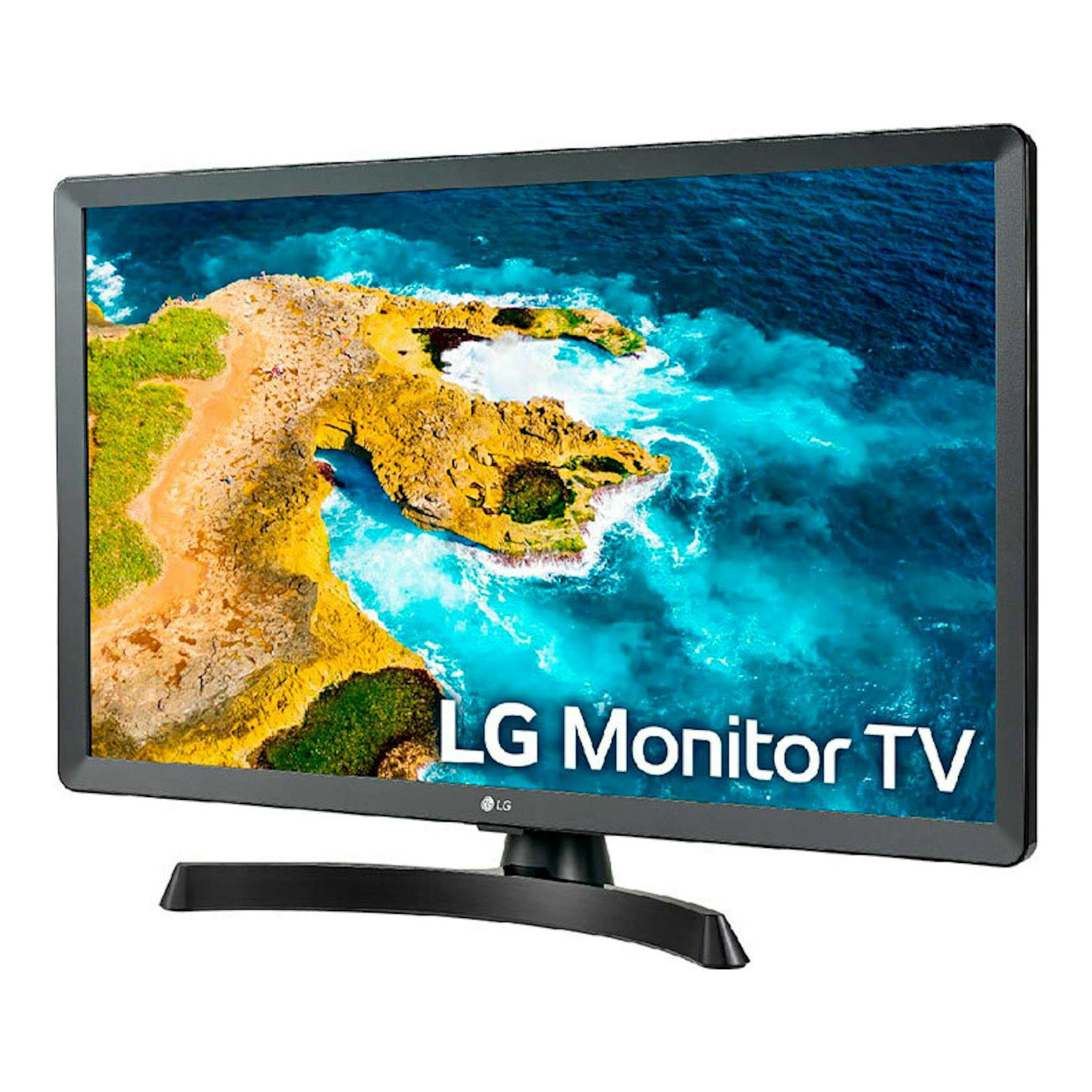 LG 27TQ615S-PZ negra, vista frontal, con base curva y pantalla con paisaje marino.
