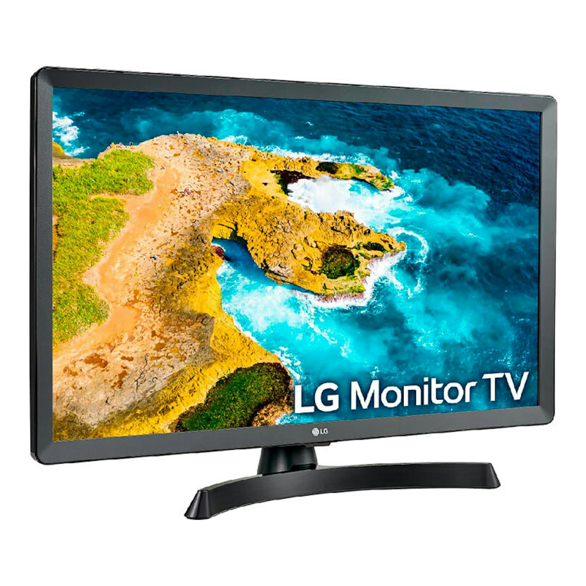 Monitor TV LG 27TQ615S-PZ de 27 pulgadas, vista frontal en negro, con base y pantalla con paisaje marino.